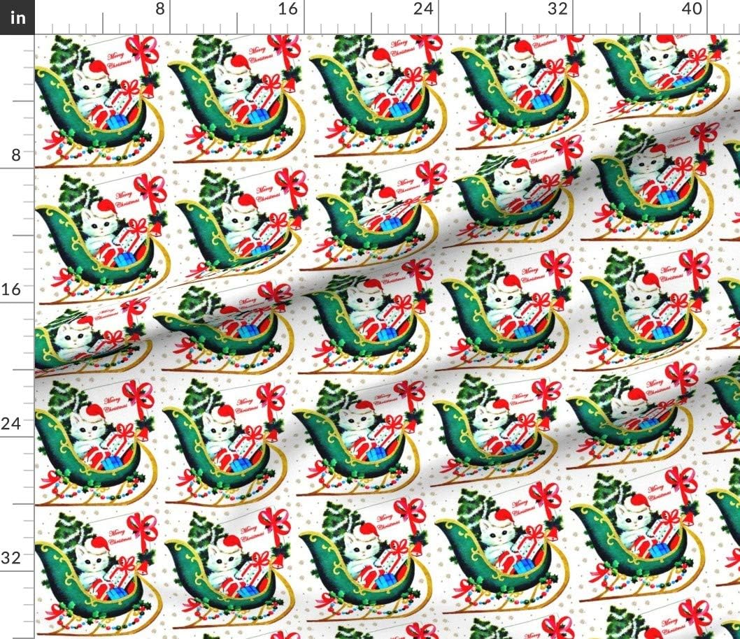 Spoonflower Fabric - Christmas Xmas Trees Snowflakes Cats Kittens Bells Vintage Retro Printed on Petal Signature Cotton Fabric by The Yard - Sewing Quilting Apparel Crafts Decor