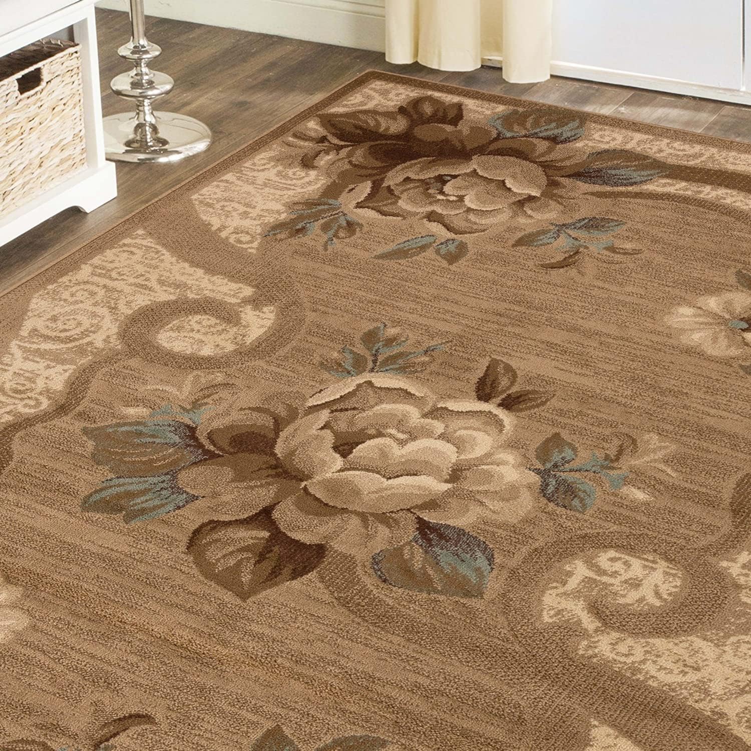 BNM Indoor Small Area Rug with Jute Backing, Great for Entryway, Living Room, Kitchen, Dorm, Bedroom, Hallway, Perfect for Hardwood Floors, Traditional Floral Scroll, 4' x 6', Taupe
