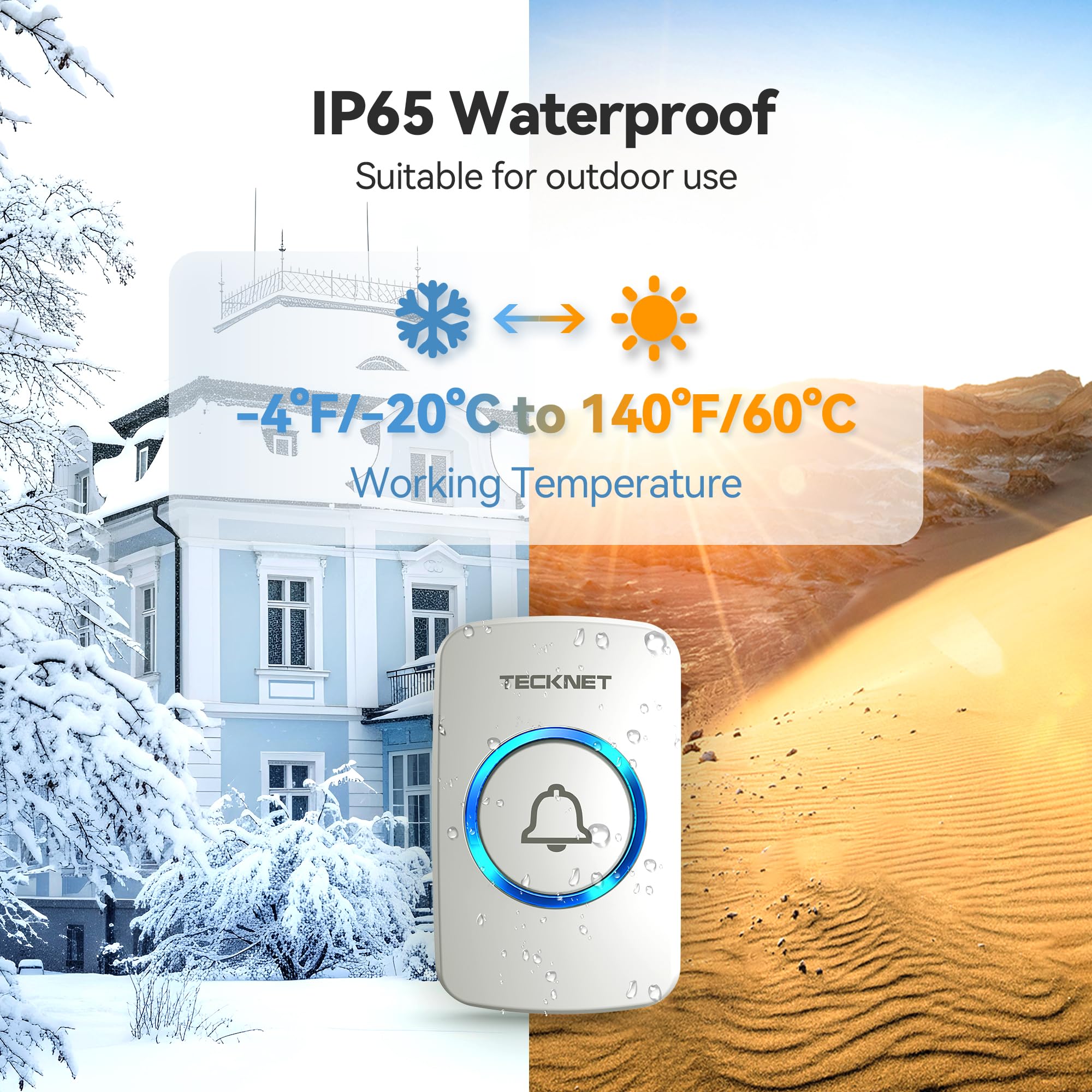TECKNET Wireless Doorbell, IP65 Waterproof Twin Door bell - Image 3