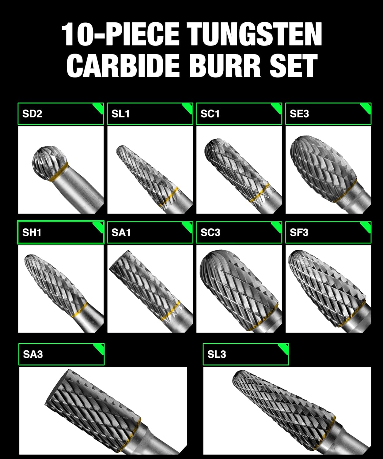 10Pcs Carbide Burr Set 1/4 Shank w/Clear Box Head Dia 8mm Die Grinder Bits Rotary Tools Attachment Kit Rasp File Accessories Metal Wood Stone Steel Grinding Deburring Cutting Porting Carving 10 pcs