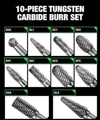 Carbide Burr Set 1/4 In Shank 10-Pc 8mm Head with Clear Storage Box