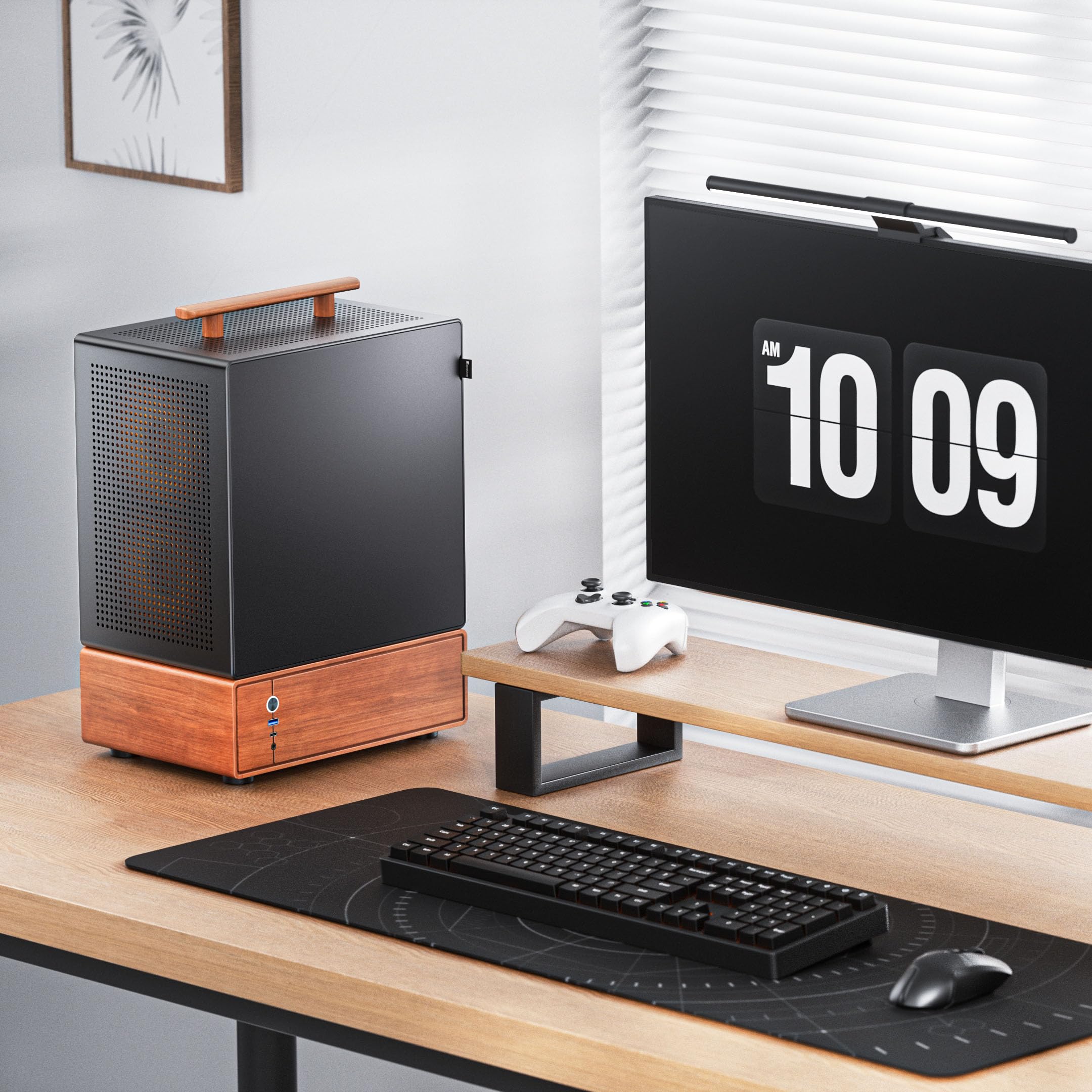 Jonsbo T7 Micro-ATX PC-Gehäuse – Schwarz | mATX Case mit Aluminium & Holzgriff, Tempered Glass, Zwei-Kammer-Design, USB-C