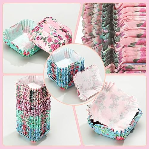 Vista 3 de Mifoci 400 piezas de forros cuadrados para cupcakes pequeños florales para hornear, acuarela, flores, pequeños forros para cupcakes, tazas florales