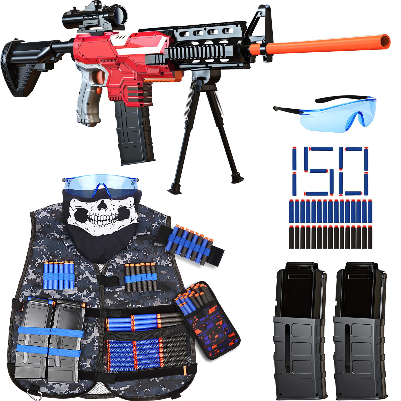 Toy Gun Automatic Sniper Rifle -3 Modes Toy Foam Blasters with Tactical Vest, Bipod, 2 Clips and 150 Darts, Electric Toys for Boys Age 8-12 Gifts for