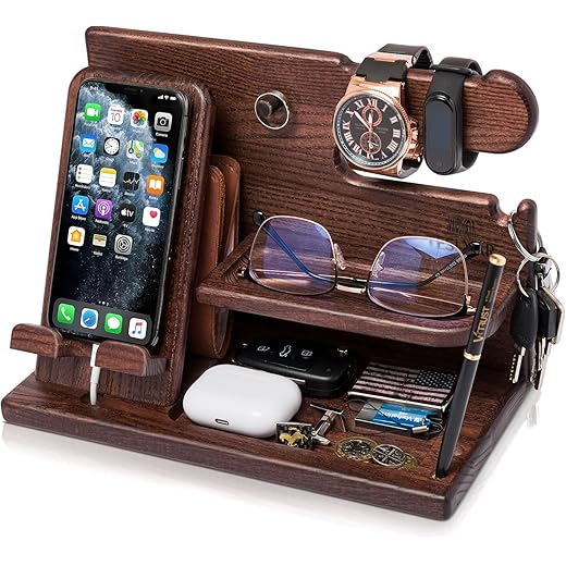 TESLYAR Wood Phone Docking Station Ash Key Holder Stand Watch Organizer Men Husband Wife Anniversary Dad Birthday Nightstand Purse Father Graduation Male Travel Idea Gadgets