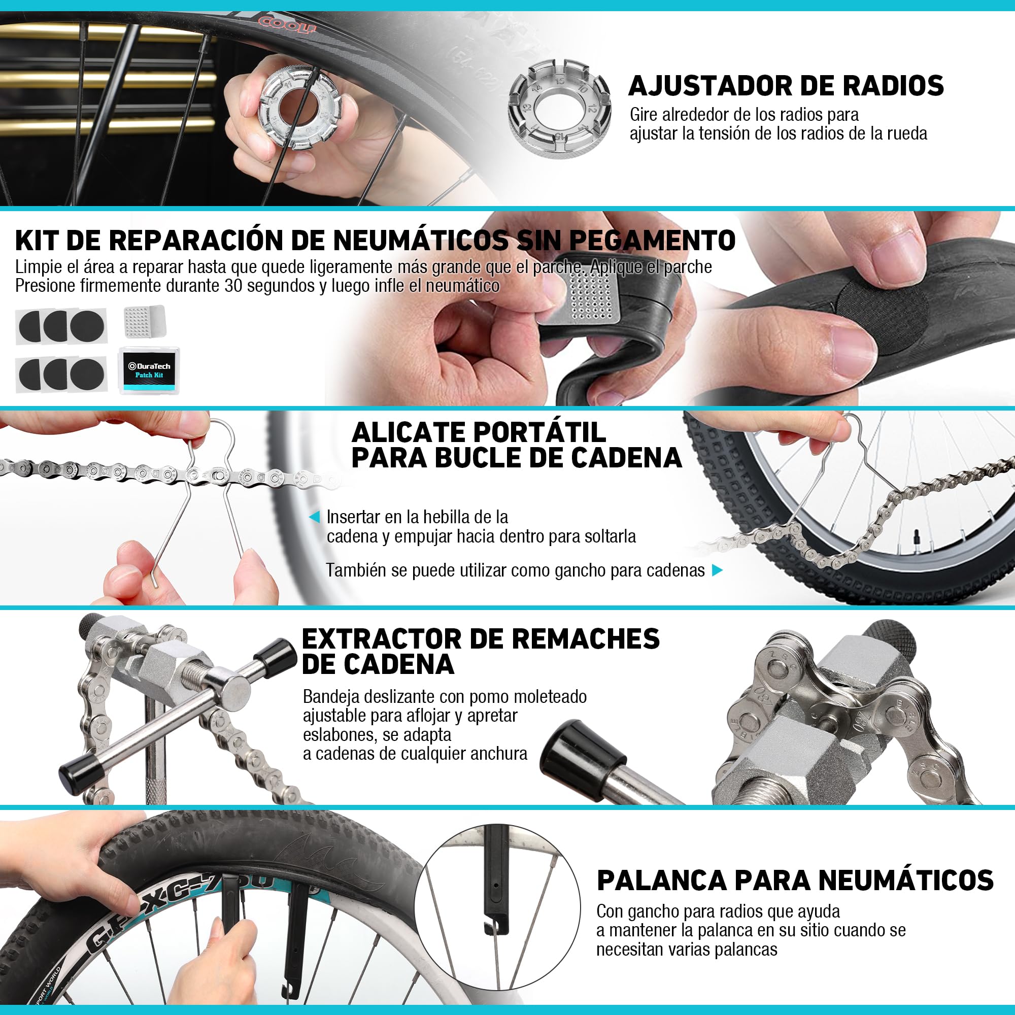 DURATECH 31 Piezas Juego de Reparación de Bicicleta, Maletín de Herramientas para Bicicleta, Herramientas de Neumáticos y Cadenas, Extracción de Pedales del Eje Central, para Reparar Bicicleta