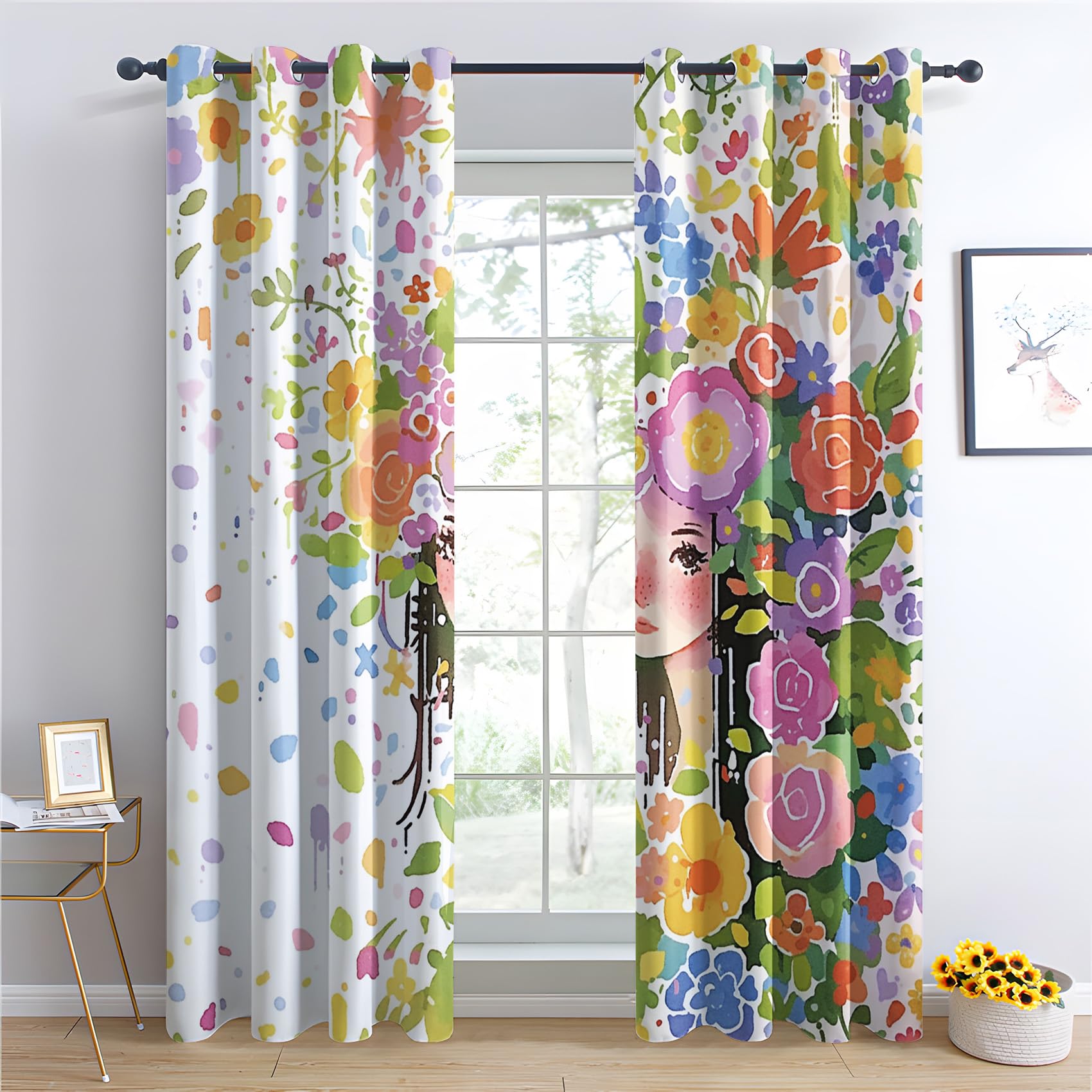 Generisch Vorhänge Blumen - Bunt Blumen Mädchen Fenster Gardinen mit Ösen, Vorhang Blickdicht Verdunklungsvorhänge Thermovorhang für Wohnzimmer Schlafzimmer Deko 2er Set, H 166 x B 75 cm W-#654