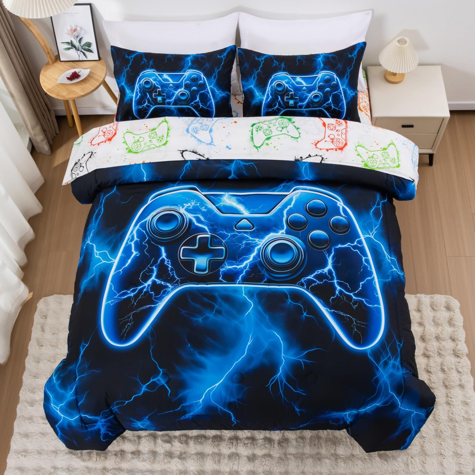 Meeting Story Gamer Comforter Set for Boys, 3D Game Controller Design Boys Twin Bedding Sets, 5 Pieces Gaming Bed Set for All Seasons, Lightweight Soft Twin Comforter Set(Blue)