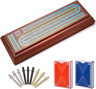 ELONGDI Wooden Cribbage Board Game Set with Large Storage Area,9 Metal Pegs & 2 Playing Cards Continuous Solid Wood 3 Track Board Travel Portable Cards Games for Adults Family