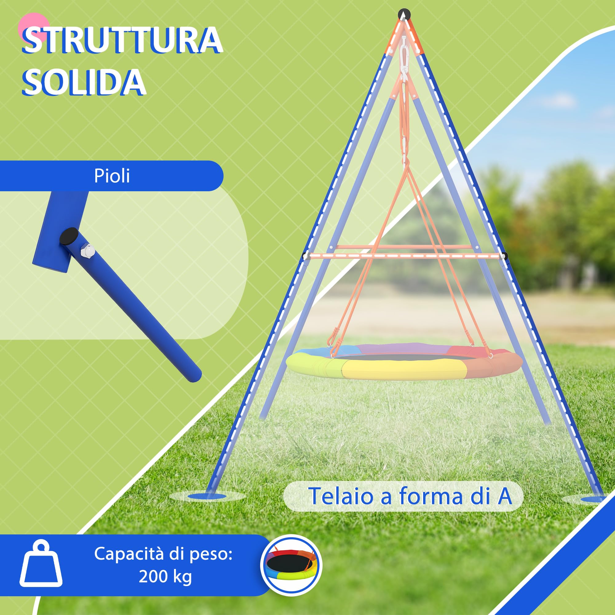 Outsunny Altalena da Giardino per Bambini, Altalena a Nido per 1-2 Bambini con Struttura ad A in Metallo Rinforzato, 196x172x180cm, Multicolore