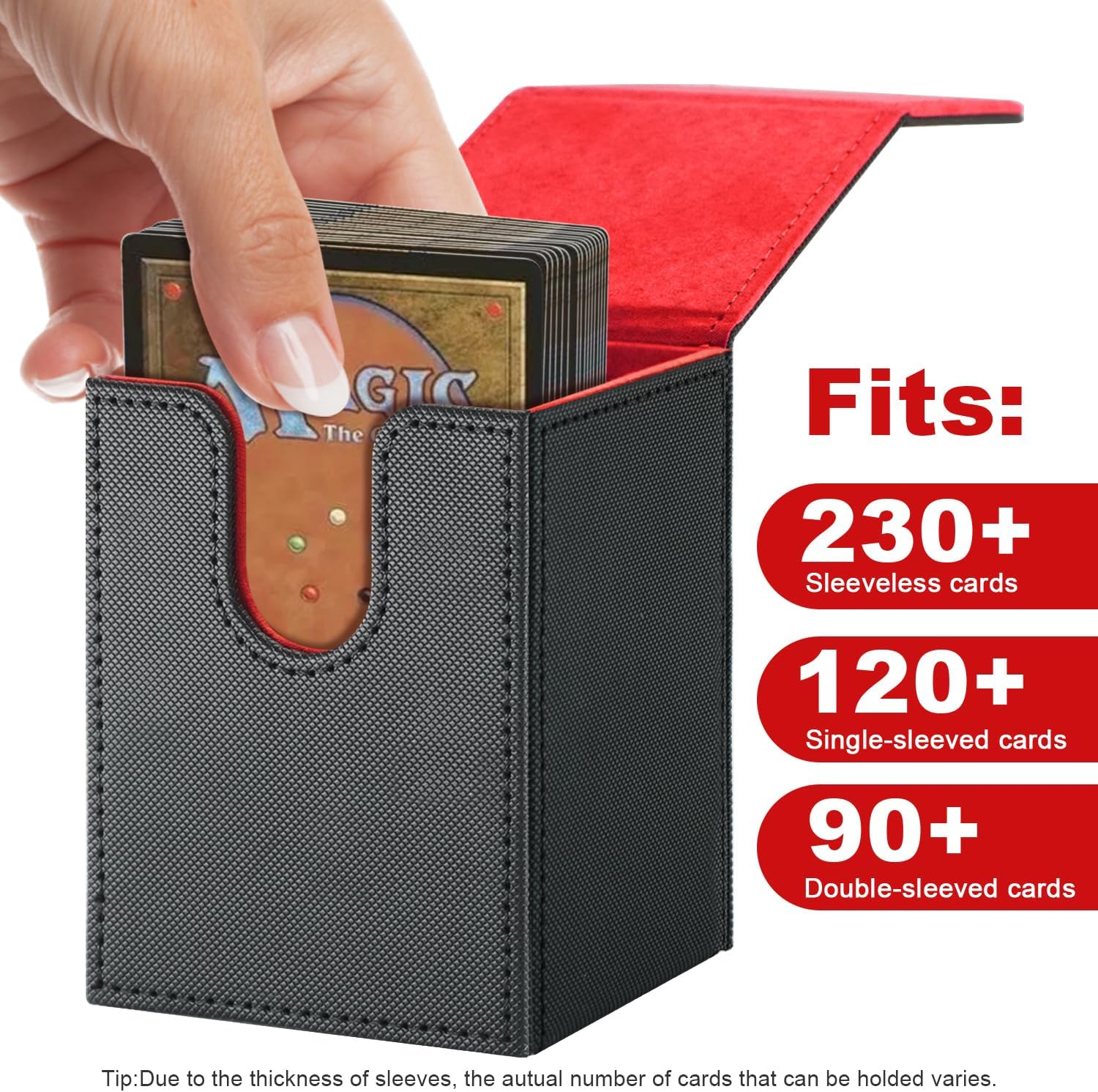 Card Deck Box for Trading Cards,Card Storage Box Fits 120+ Single Sleeved Cards, PU Leather Strong Magnet Card Deck Case Holder for Magic Commander TCG CCG (Black-RED)