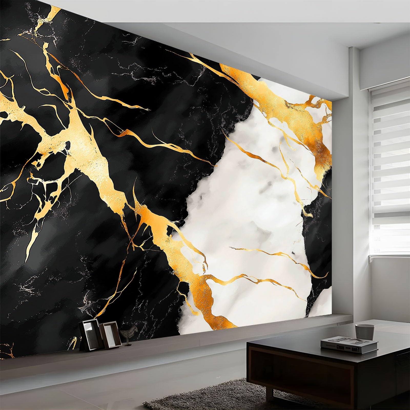 Générique 350 x 256 cm Panoramiczna tapeta tekstura marmurkowy wzór złoty liść 3D Mural Design, dekoracja ścienna do zdjęć, tapety z włókniny dekoracja ścienna salon sypialnia, czarna
