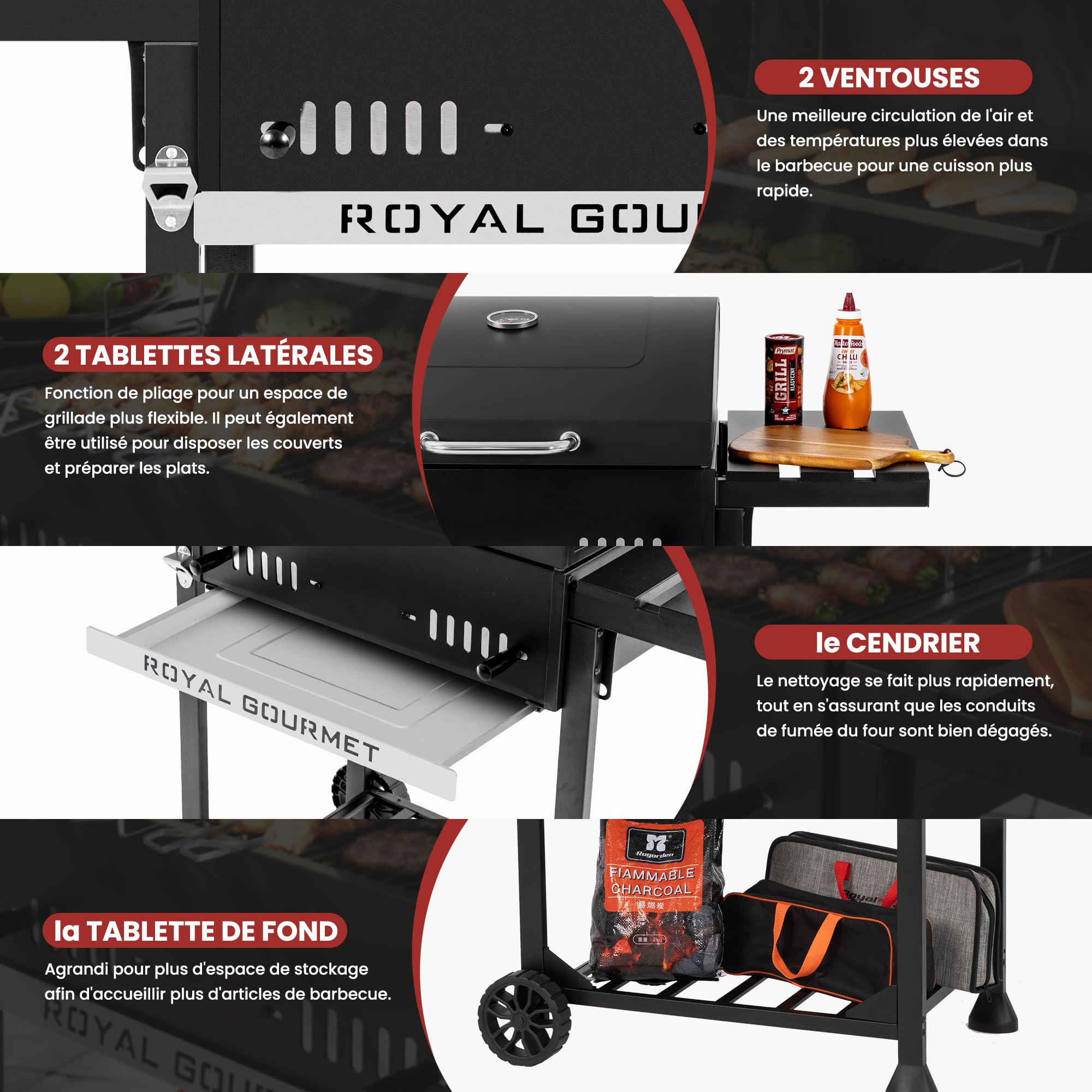 Royal Gourmet Barbecue à Charbon de Bois, Grill à Charbon sur Chariot avec Tablettes Pliables, Couvercle, Thermomètre, Surface Cuisson 56,5 x 42,2 cm pour Jardin, Camping, Noir