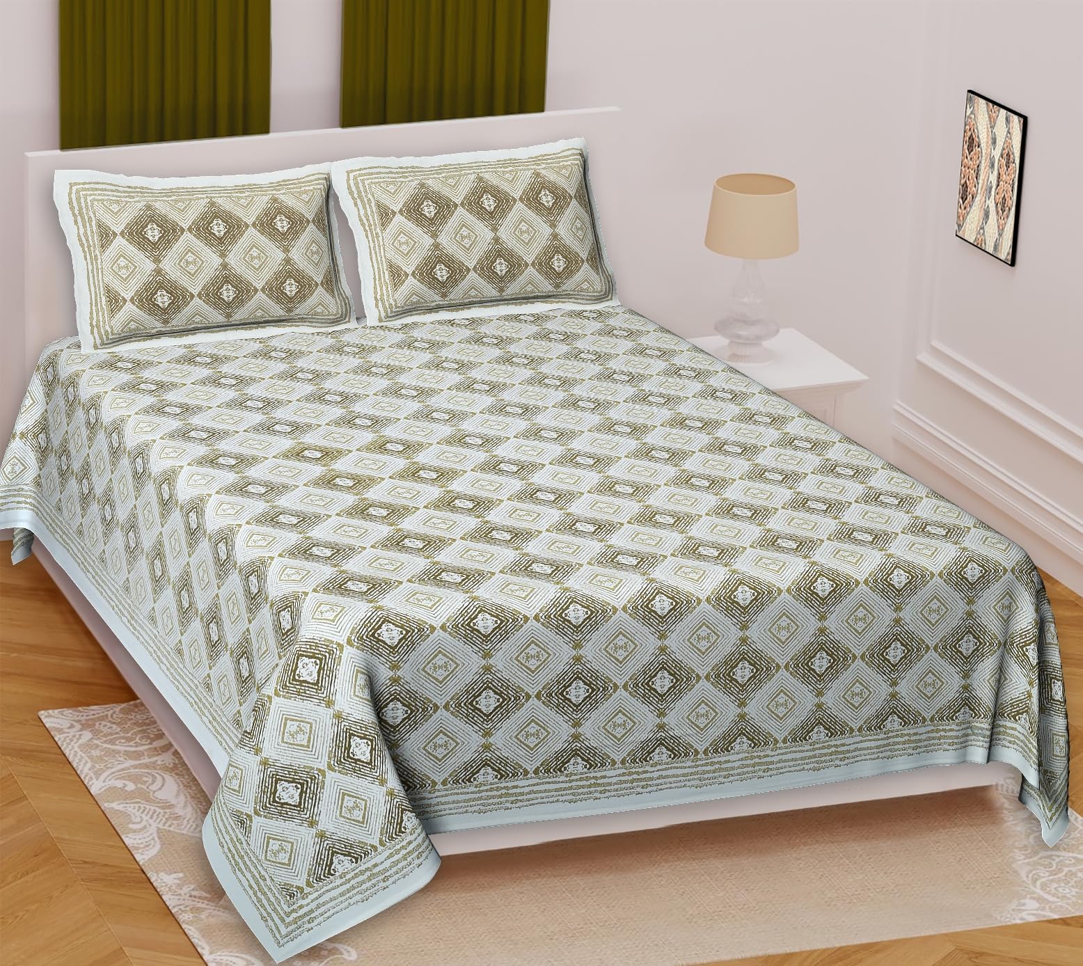 URBANO HOMZ Cotton Bedsheet for King Size Bed with Two Pillow Covers, 274 cm X 254 cm Bedspread for King Size Bed, Geometric Print, Green (B0D3GYYN31) Amazon Price History, Amazon Price Tracker