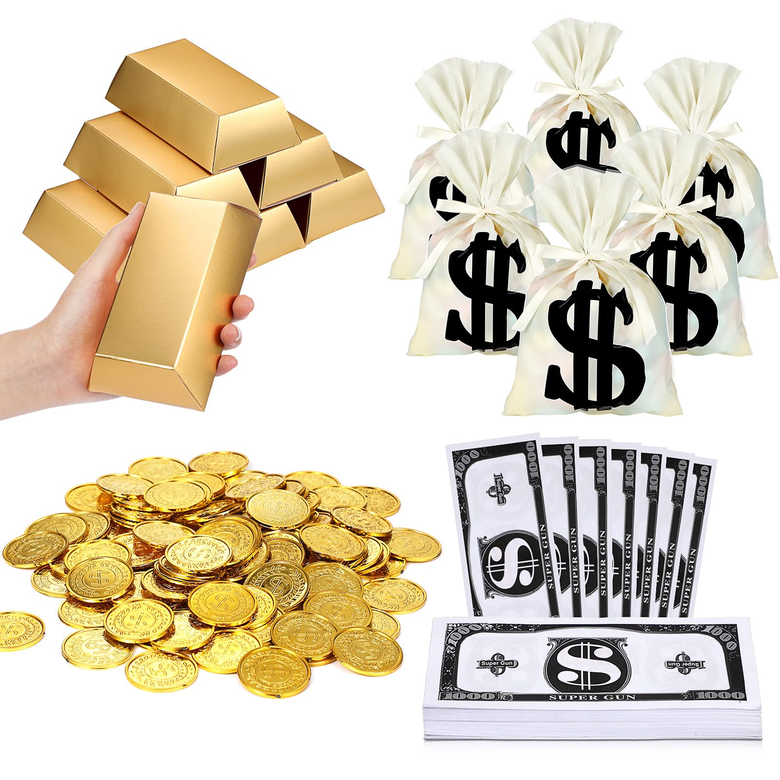 Tinlade Money Party Decorations 50 Money Treat Bags 36 Fake Gold Bar 200 Fake Gold Coins 100 Banknotes for Treasure Hunt Game Pirate Theme Birthday Party Supplies