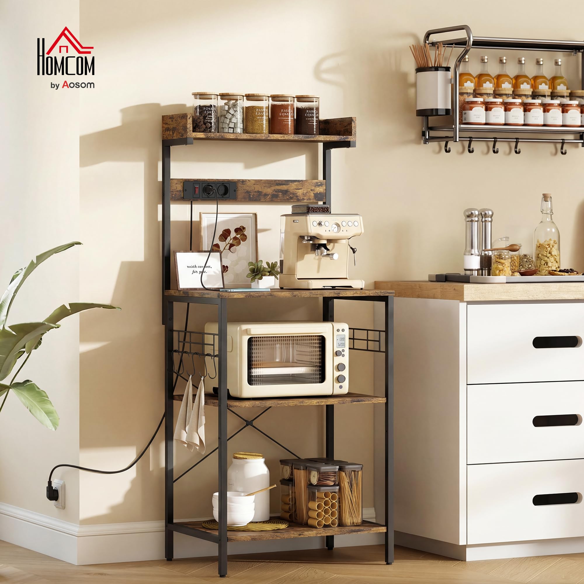 HOMCOM Estantería de Cocina con 2 Tomacorrientes, Estantería de Panadería Industrial con Estación de Café, Estante para Microondas, Estante Ajustable, Ganchos, 60x42x137 cm, Marrón Rústico y Negro