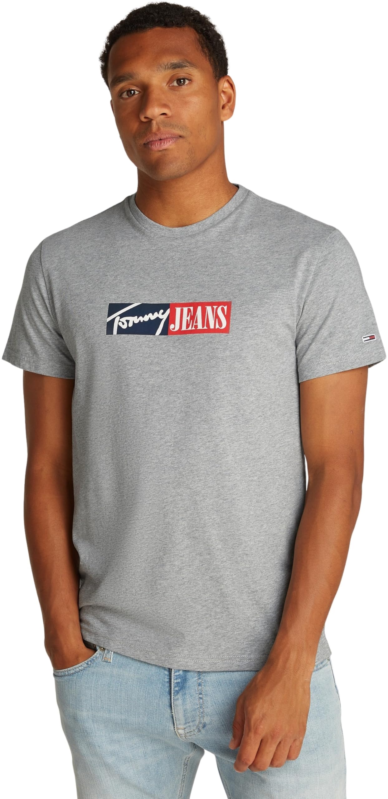 Tommy Jeans Men’s Slim Entry Graphic Long Sleeve Round Neck T-Shirt, Grey (Grey HTR), XS