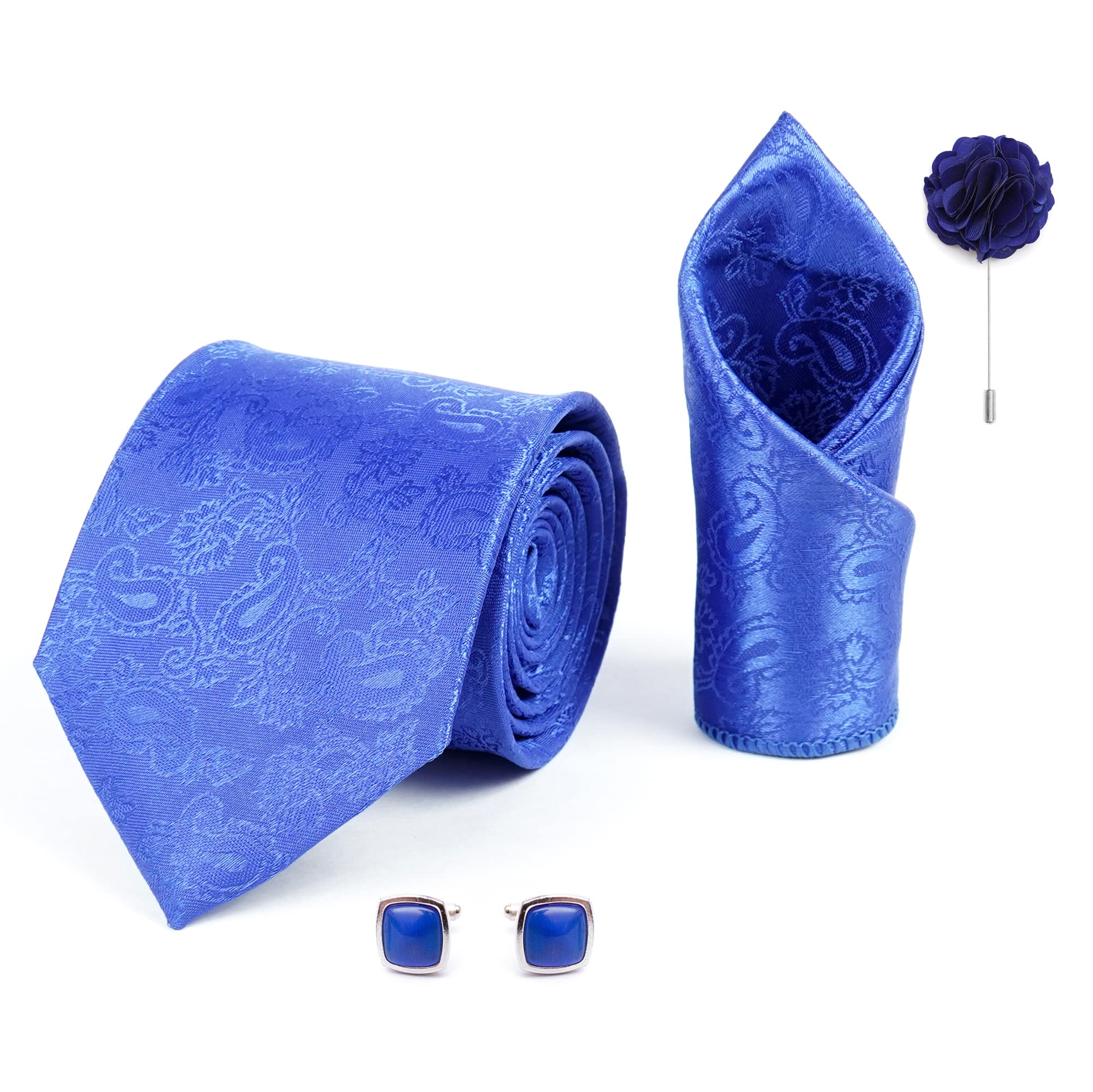 rizoro Tie for Men – Paisley Silk Neck Ties Set with Cufflinks Flower Pin, Pocket Square & Black Gift Box, Combo Necktie Sets for Office Wear, Formal Suits & Weddings (Royal Blue, JCRXRX)-picture-38