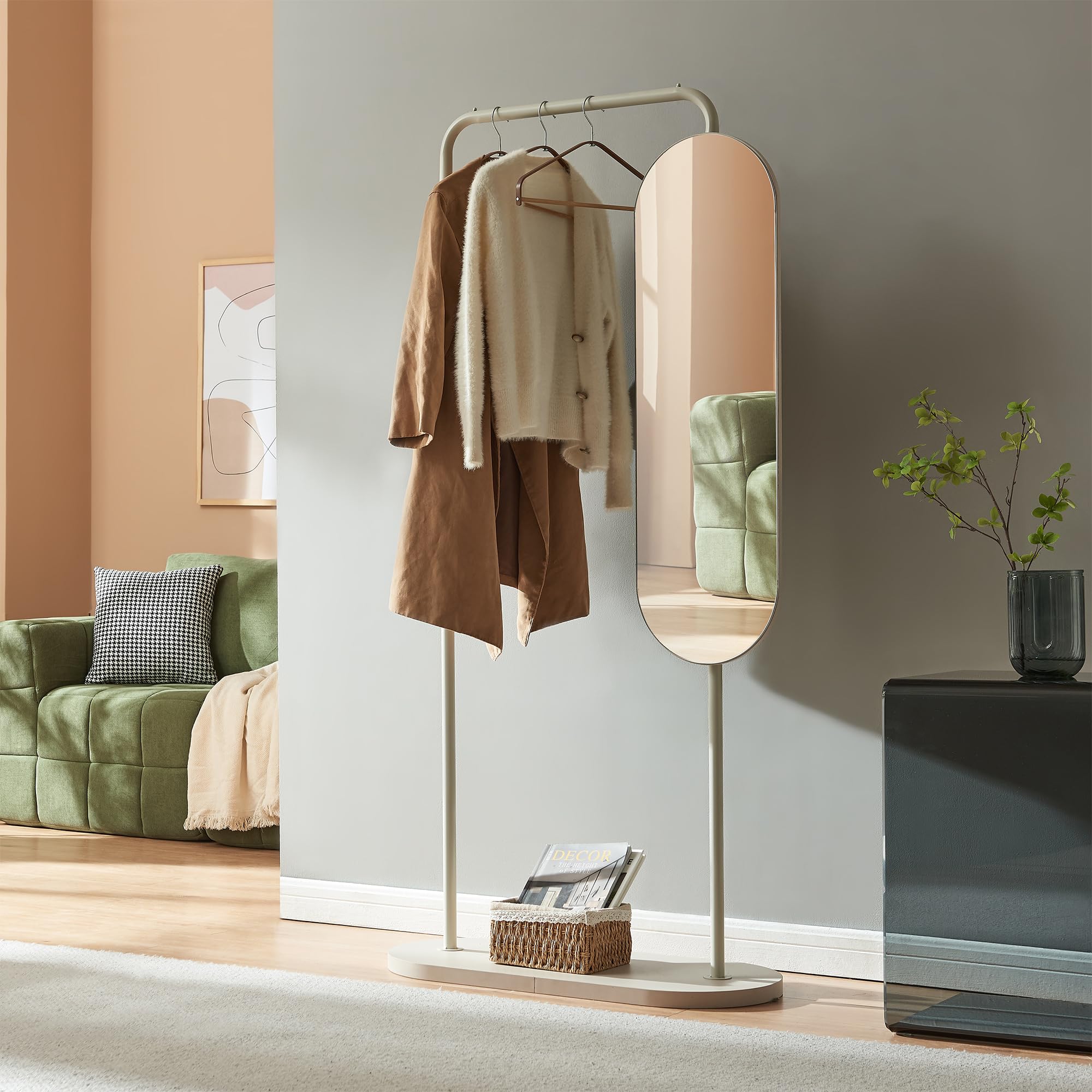 [en.casa] Garderobenständer Vamn Kleiderständer 167 x 80 x 35 cm Flurgarderobe mit Spiegel Standgarderobe für Flur Schlafzimmer Ankleide freistehend Metall Sandfarben