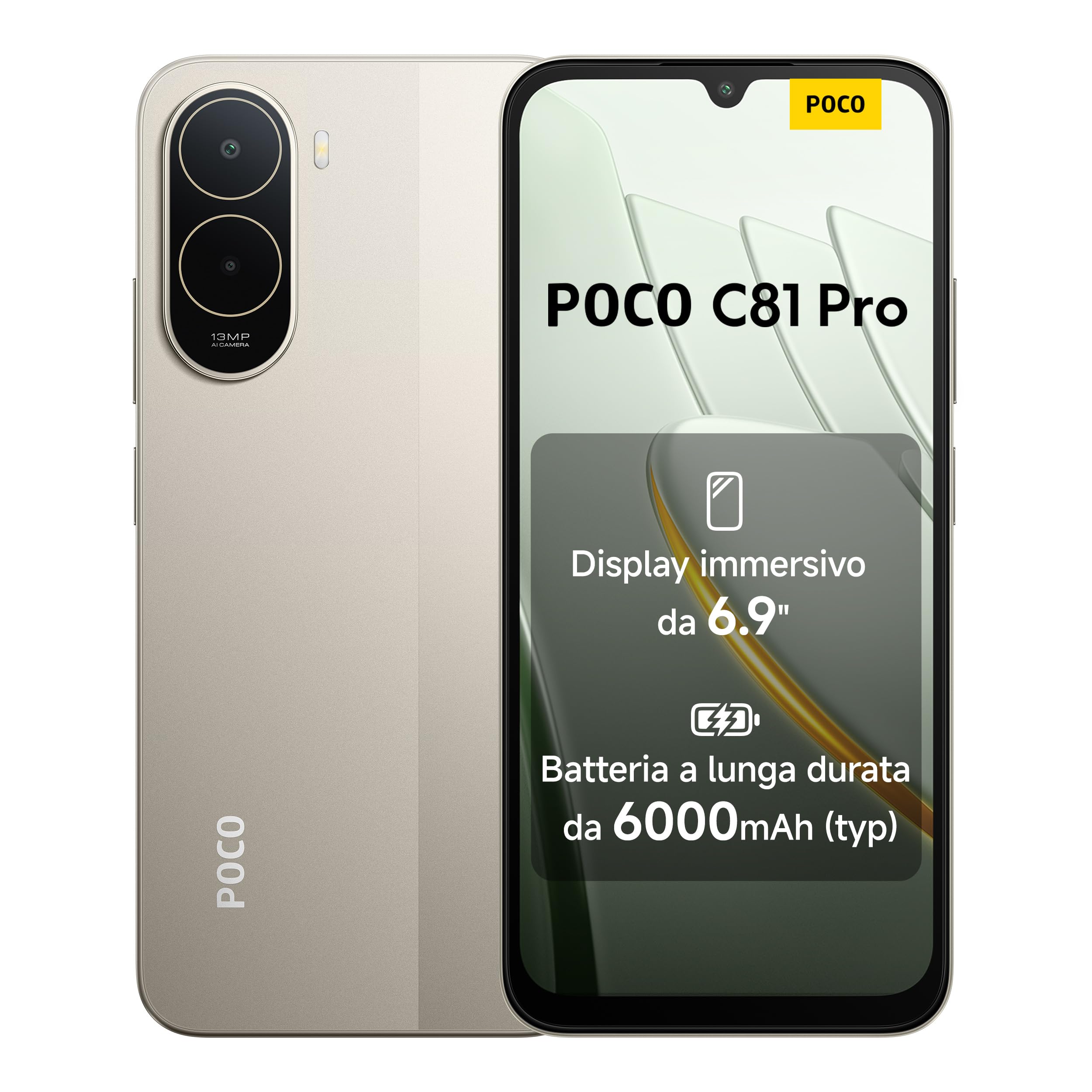 POCO C81 Pro Smartphone 4+256GB, Batteria da 6000mAh(typ) Display immersivo 6,9" con refresh rate 120Hz, Fotocamera AI doppia da 13MP, Design elegante e raffinato, Oro, Garanzia 2 anni+1 anno extra