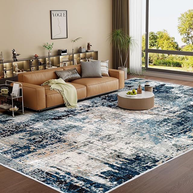 Vamcheer Machine Washable Rugs for Living Room - Modern Soft Faux Short Pile Area Rugs for Bedroom Dining Room Abstract Carpet for Office Kitchen Non Slip Non Shedding, 120x170CM, Blue