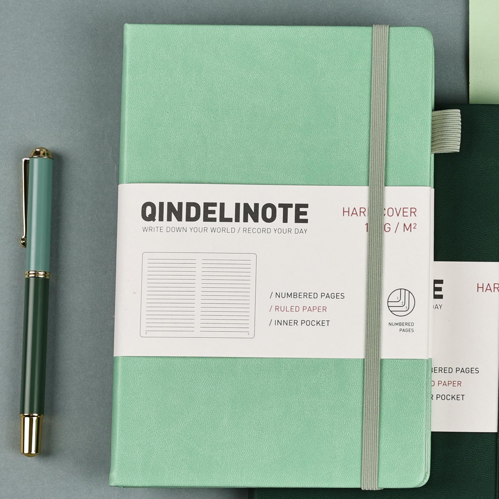 Taccuino a righe formato A5, 192 pagine numerate, con copertina rigida, 100 g/m², carta senza sbavature, copertina rigida con segnalibri, portapenne, tasca interna (verde)