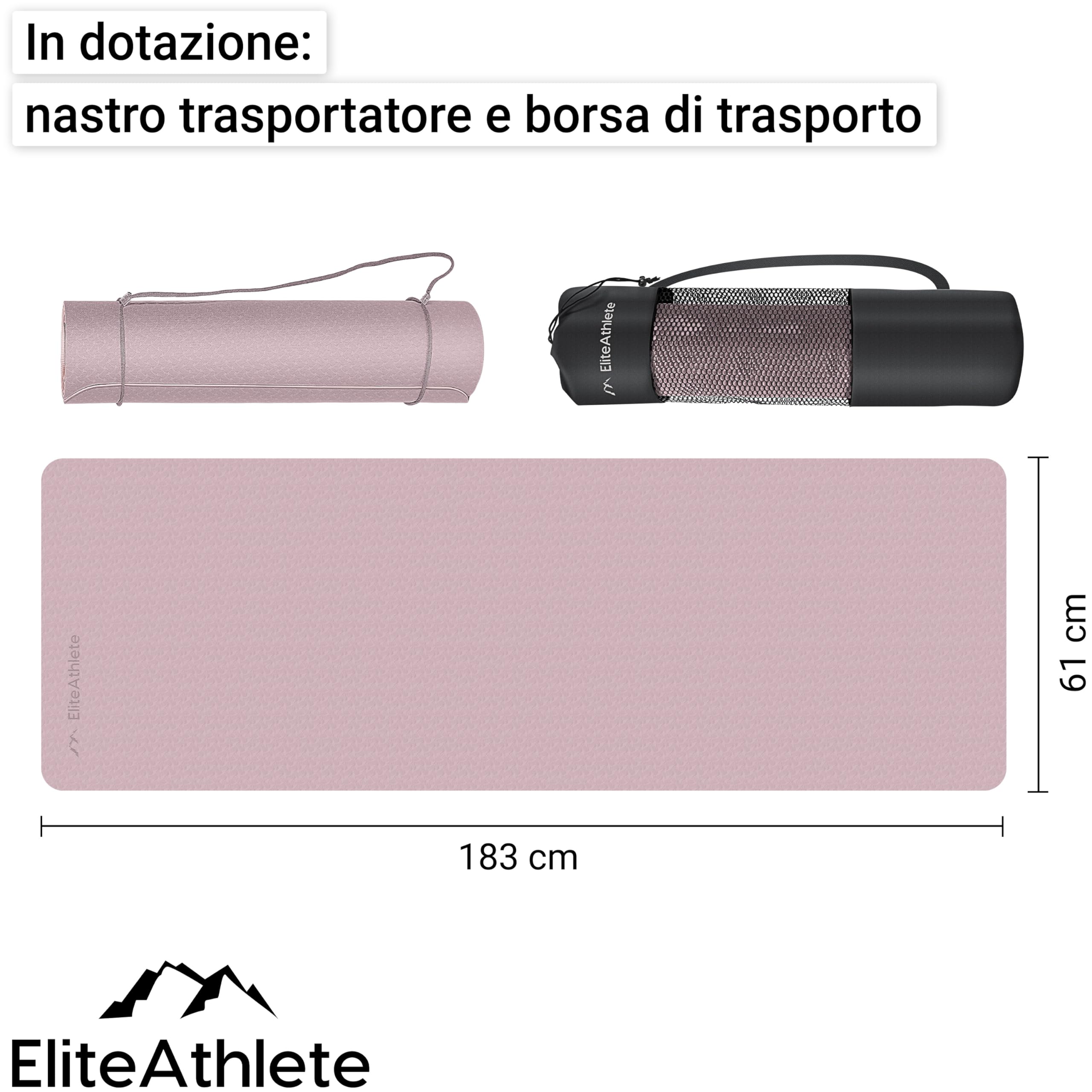 EliteAthlete Tappetino Yoga - Tappetino Palestra - Tappetino fitness - Yoga Mat antiscivolo fitness pilates - 183 x 61 x 0,6 cm - Tappetino esercizi incl. cinghia di trasporto + borsa