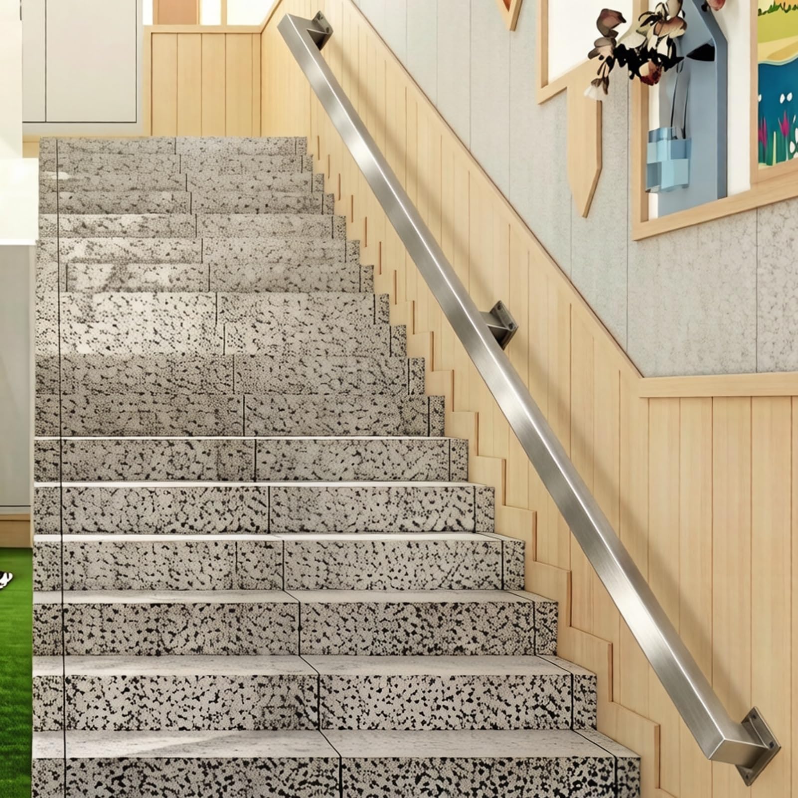 Liyadolaam Women's One Color Stair Railing Kit Outdoor Indoor 30Cm 180Cm 3M 4M 6M Staircase Banisters Rail Silver Square Pipe Rust-Resistant Handrail For Garden Corridor Lofts Kindergarten Guardrail(9Ft/270Cm)