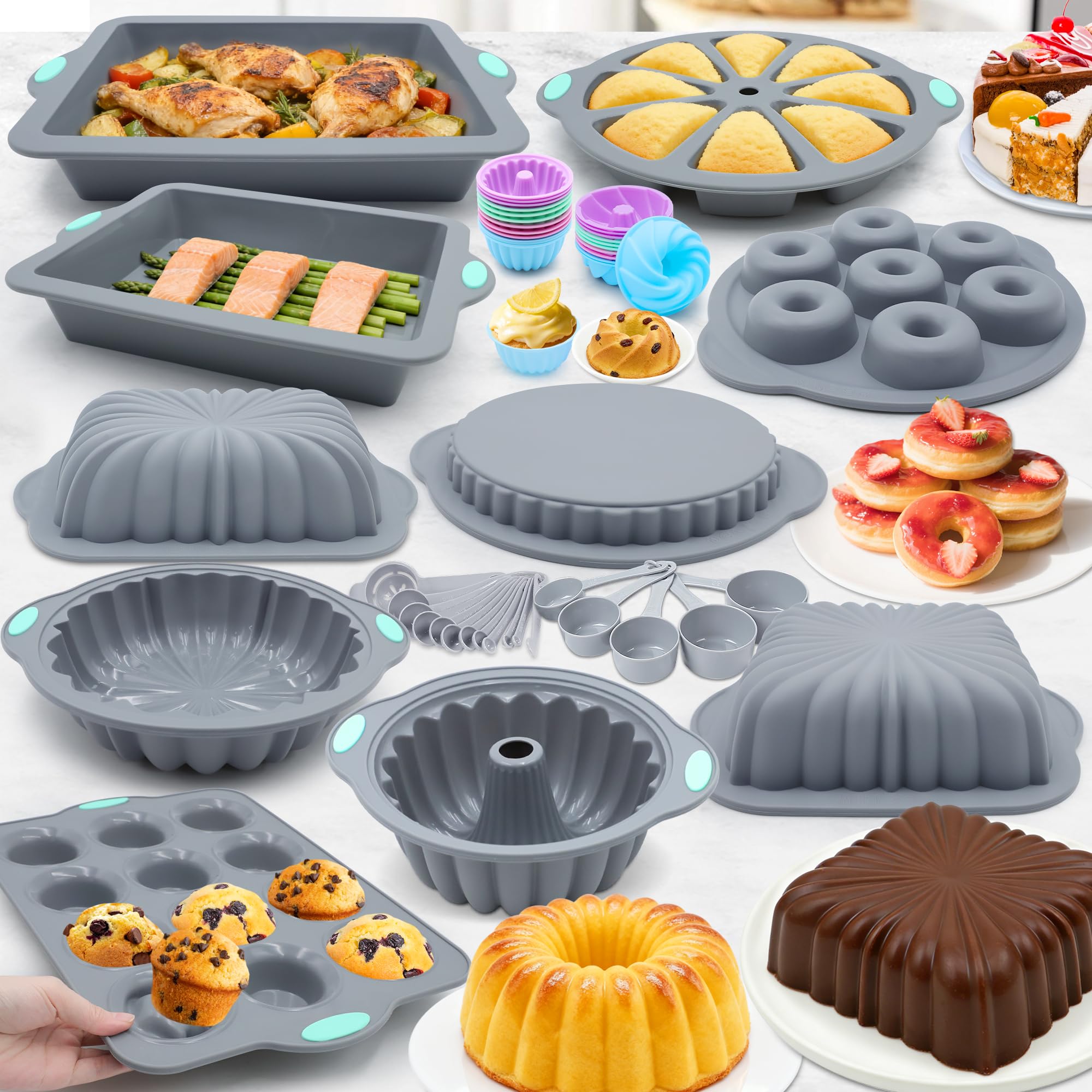 To encounter Juego de 51 moldes de silicona para hornear, antiadherentes con moldes para hornear, molde de dona reutilizable, moldes de silicona de grado alimenticio para pasteles, galletas