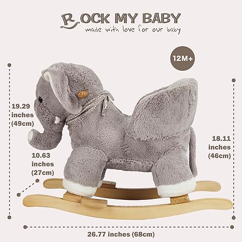 Miniatura 4 de ROCK MY BABY Elefante de caballo mecedora para bebé con silla, animales de peluche mecedora de peluche, caballo de juguete mecedora de madera,