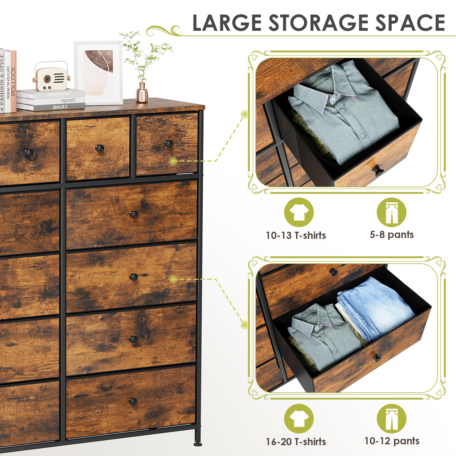 Clevich Stoff-Kommode, Schminktisch Schrank, Aufbewahrungsschrank, 12 Schubladen aus Stoff, Metallrahmen, industrieller Stil, für Wohnzimmer, Flur, Schlafzimmer (Retro braun+schwarz)