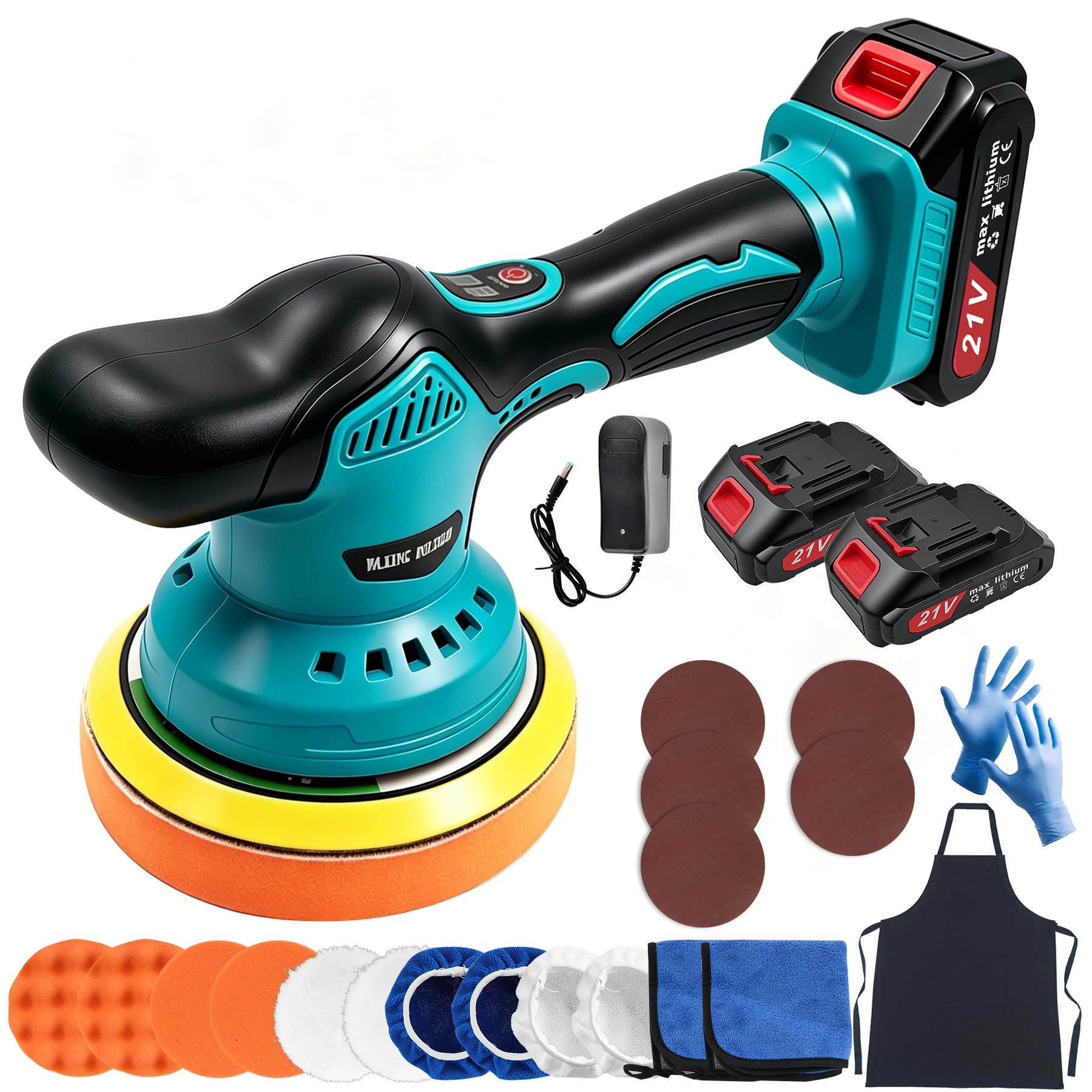 Lucidatrice Auto a Batteria da 6 Pollici, Lucidatrice Rotorbitale Auto da 21 Accessori, Levigatrice Orbitale a Batteria a 8 Velocità e 6000 RPM Per la Cura dell'Auto, Lucidatura, Ceratura, ecc