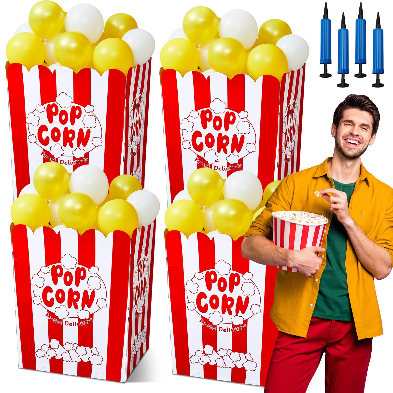 Gueevin Giant Popcorn Box with Balloons and Pump, Large Cardboard Display Stand - Popcorn Prop Decorations for Movie Night, Carnivals, Theme Party, Circus, Theater (300 Pcs)