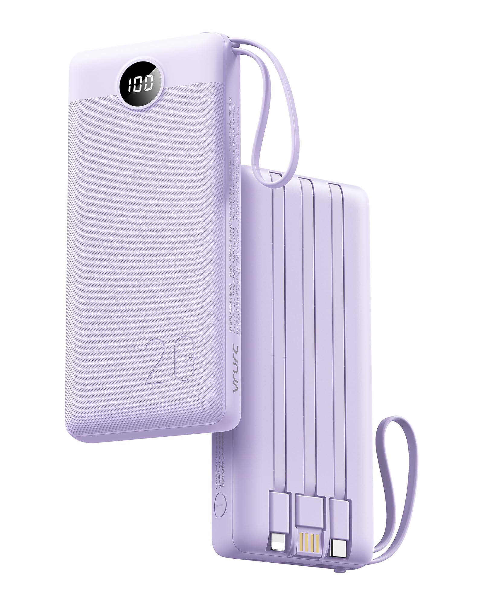 VRURC Powerbank 22.5W Schnelles Aufladen, 20000mAh Power Bank mit Kabel Tragbares Ladegerät USB C LED Display Externer Handyakkus Smartphone Kompatibel mit iPhone, Huawei, Samsung usw - Lila