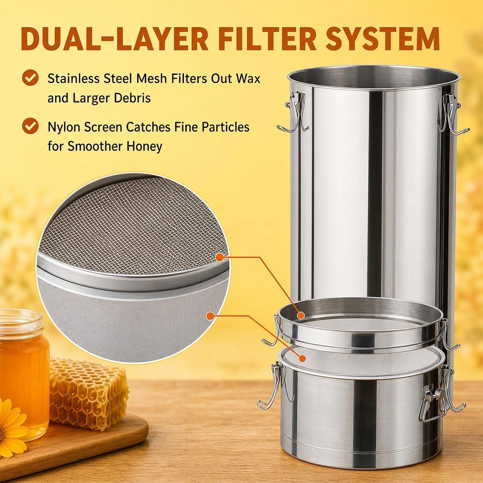 Estrattore manuale staccabile 2 telai, estrattore for tamburo nido d'ape | Doppio strato filtro, acciaio inossidabile 304, strumento estrazione dell'apicoltura con filatore di for piccoli apiari