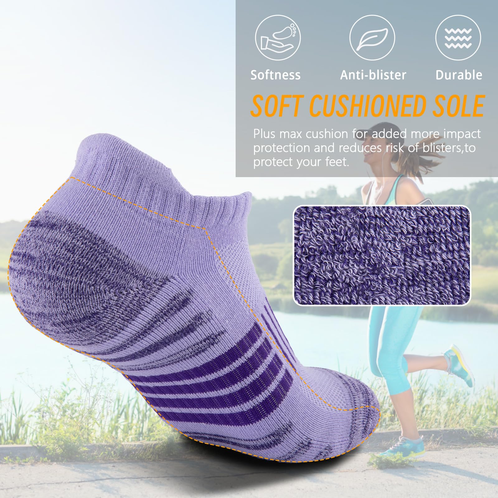 COOPLUS 6 pares de calcetines de tobillo para mujer, atléticos, gruesos, acolchados, de algodón, para correr, corte bajo
