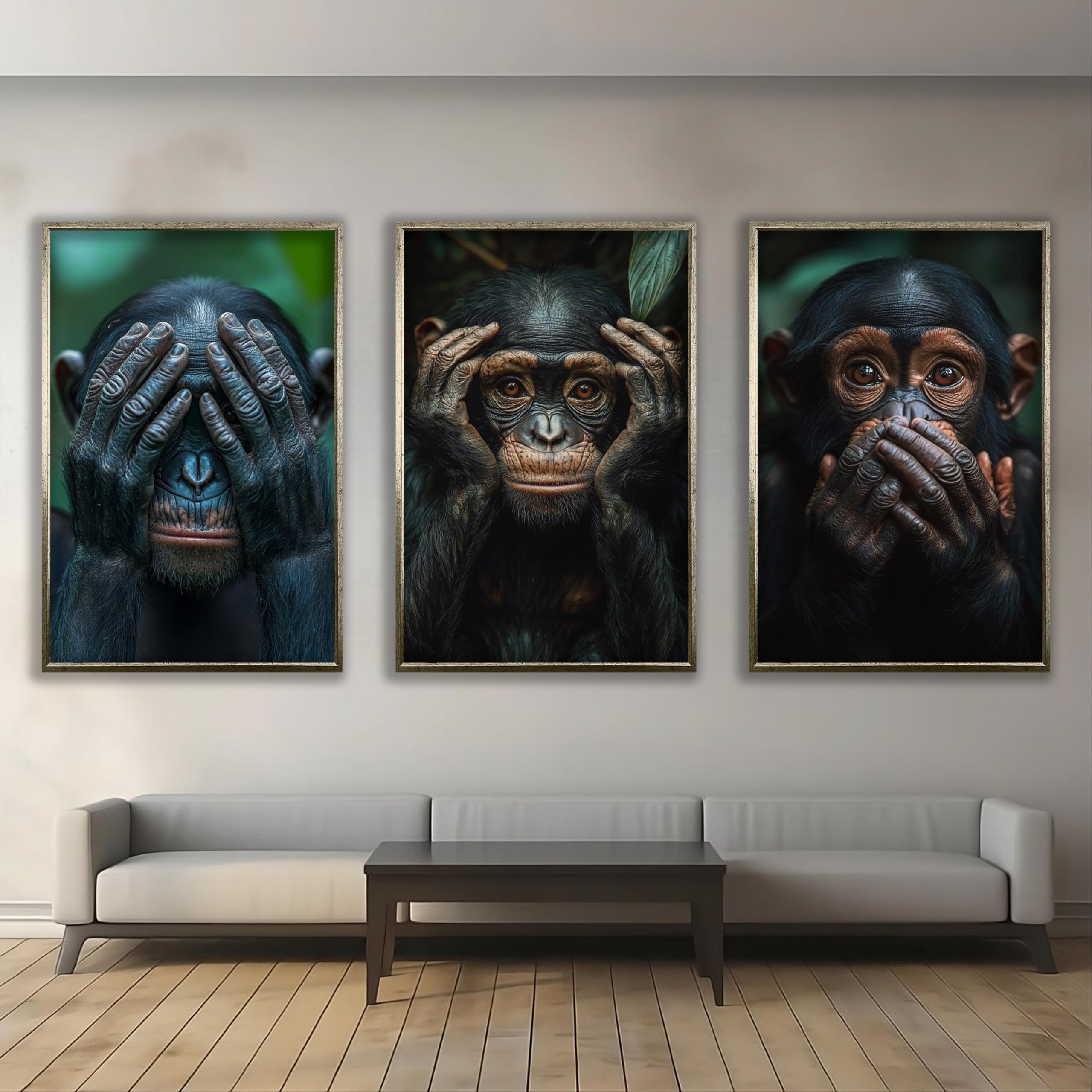 Zestaw 3 obrazów z mądrymi małpami, abstrakcyjne obrazy na płótnie małp, portrety zwierząt, dekoracyjne plakaty do sypialni (60 x 90 cm x 3 / bez ramki)