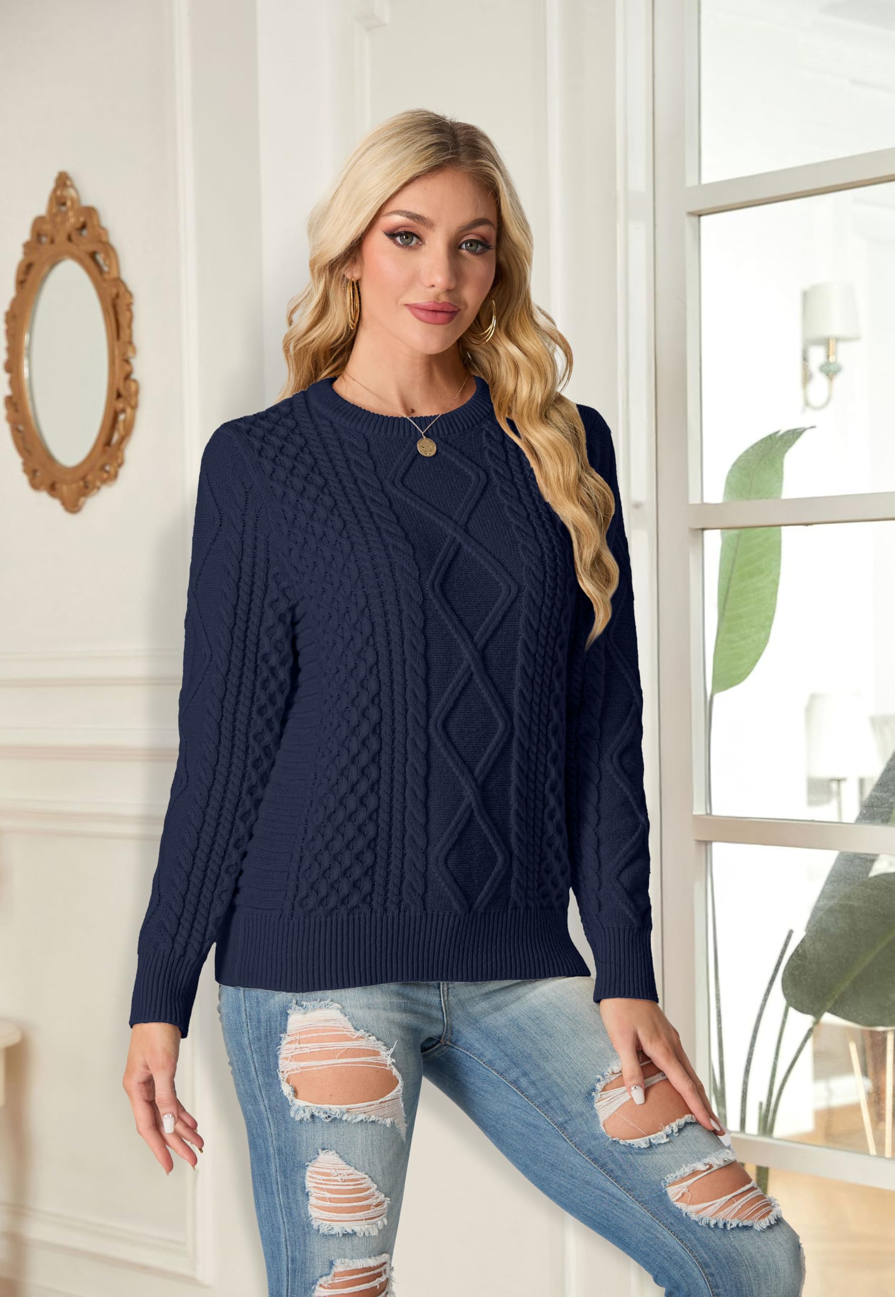 GRECERELLE Pull à col rond en tricot torsadé pour femme - Pull à manches longues pour femme