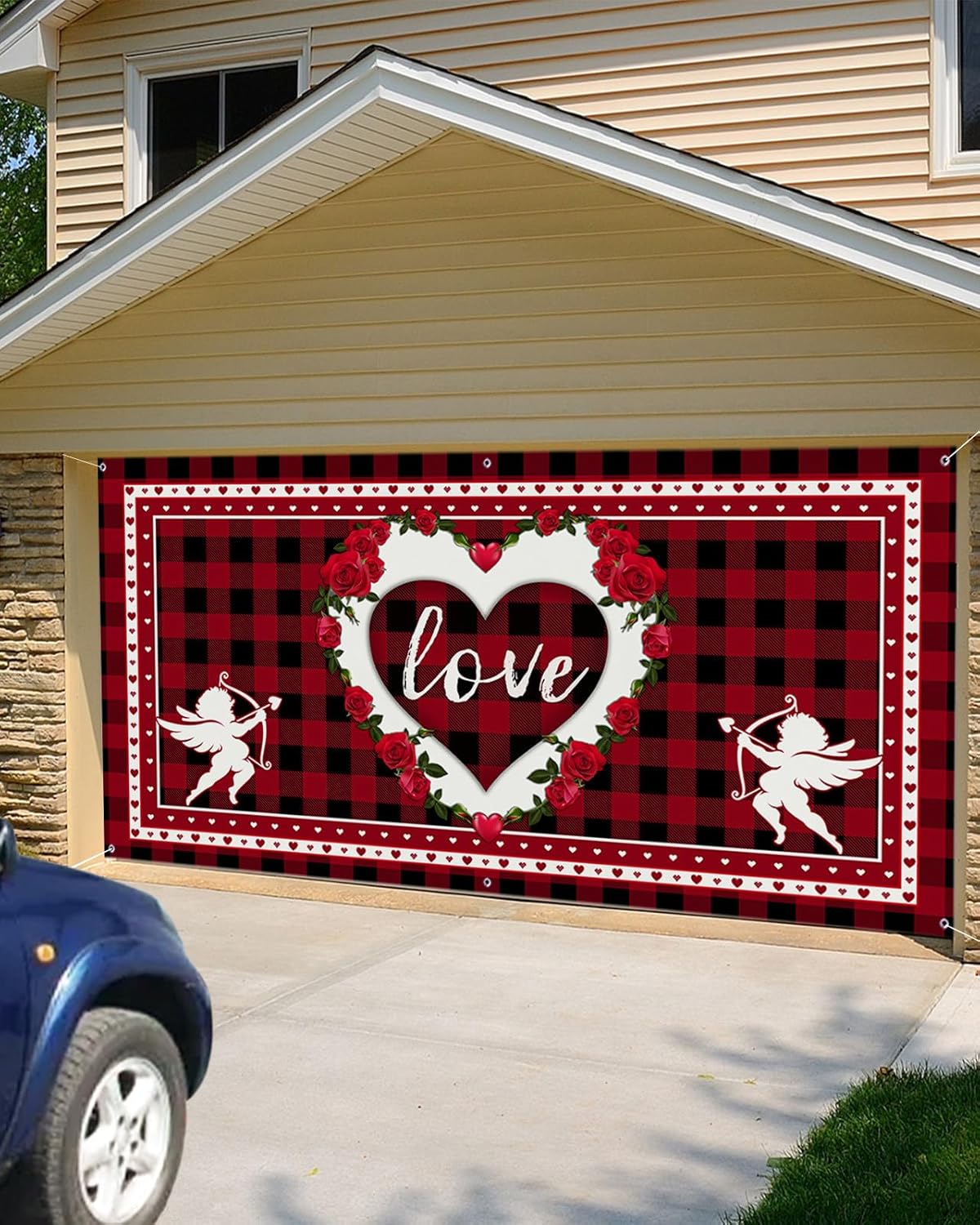 Garage Door Banner Cover, Valentine's Day Love Heart Black Red Buffalo Plaid 7ft x 16ft Garage Banner Backdrop, Garage Door Decorations Indoor Outdoor for Holiday Party Yard