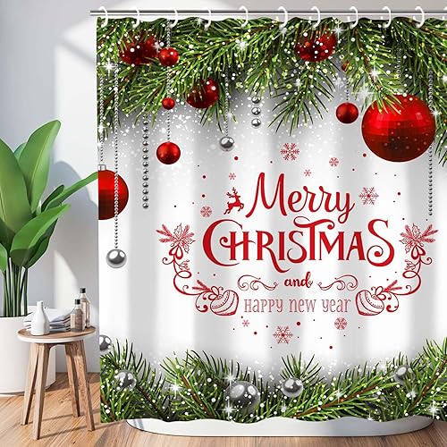 Cortina de ducha de Navidad, telón de fondo de Navidad, copos de nieve, pinos, juegos de cortinas de ducha de poliéster, tela impermeable, lavable,