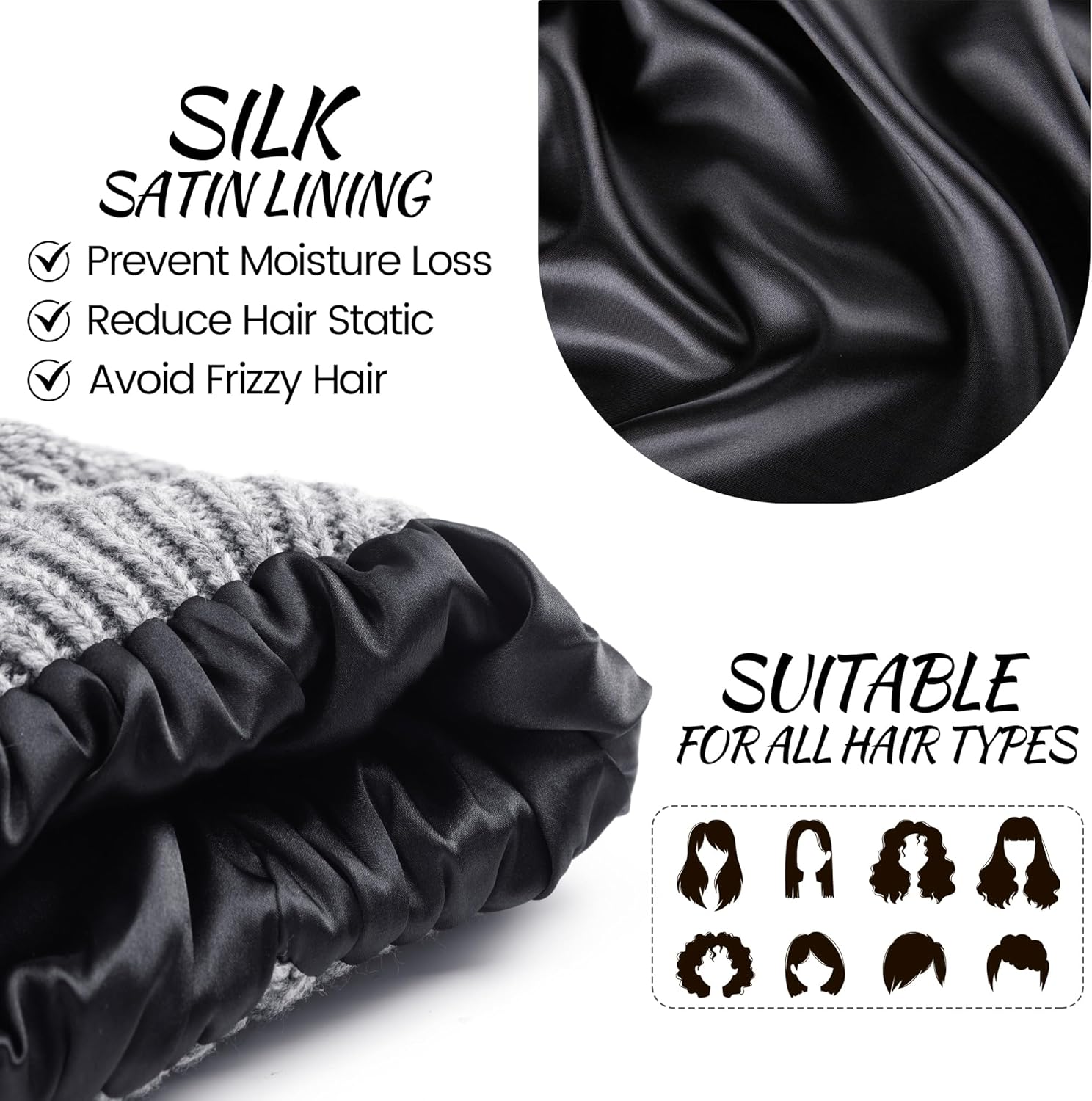 Ultrafun 3 Pack Satin Lined Beanie for Women, Slouchy Winter Hats with Silk Lined, Oversized Knit Warm Hat Skull Cap - Image 3