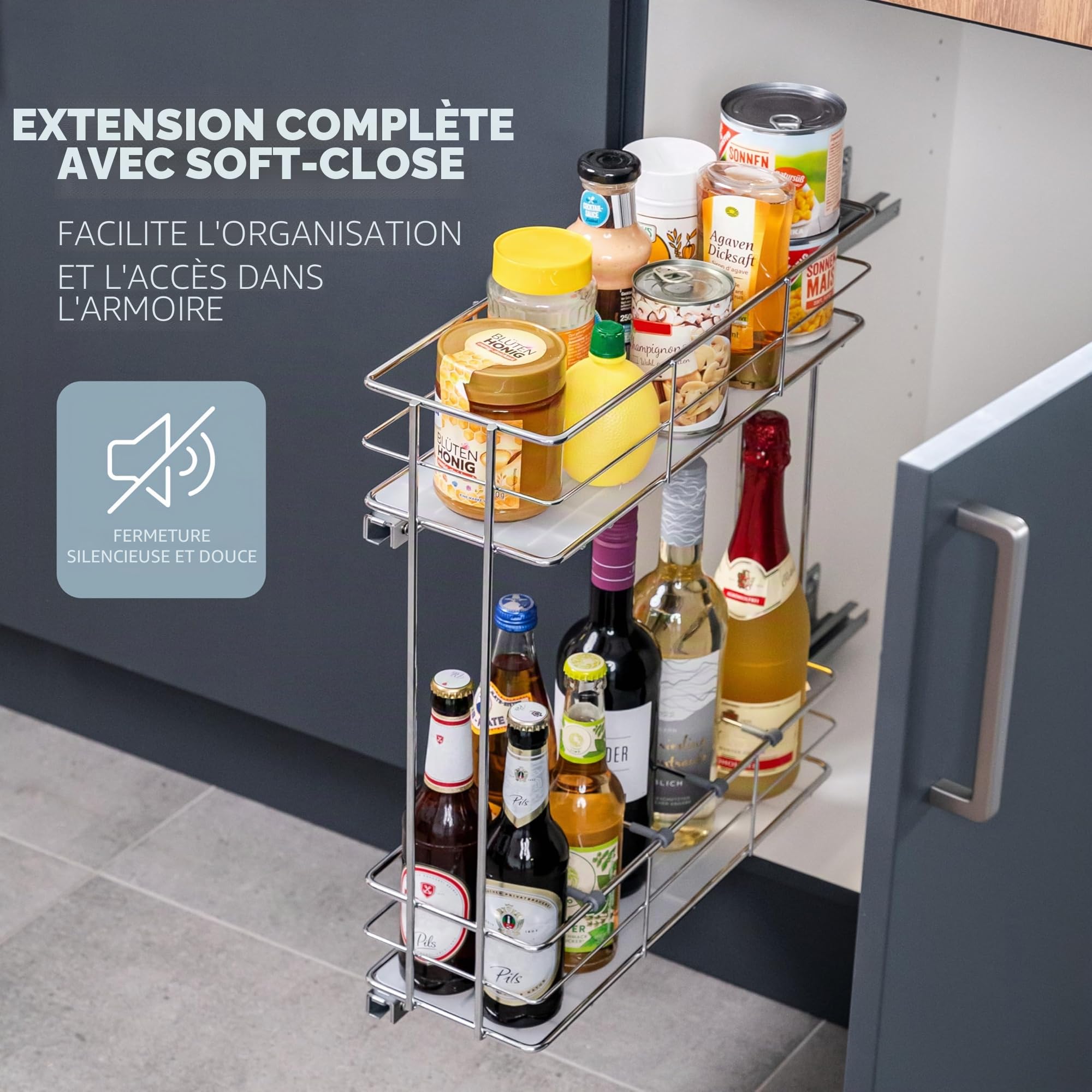 Bremermann Tiroir télescopique 2 étages étagères, tiroir cuisine fermeture amortie, porte-bouteilles épices aliments chromé
