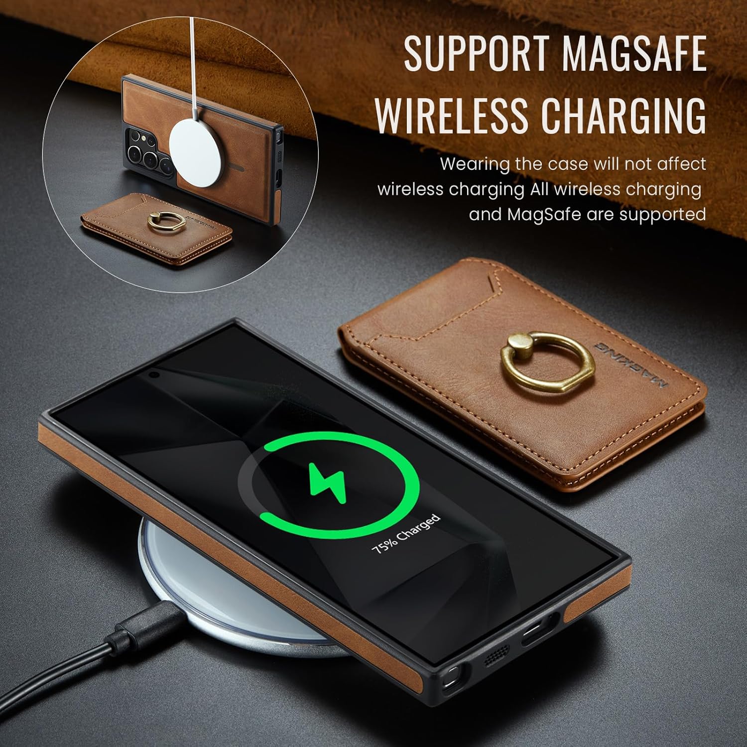 SZHAIYU K1 2 in 1 Detachable Magnetic Phone Cases Compatible with Samsung Galaxy S25 Ultra Case with Card Holder Ring, Compatible with Magsafe Wallet, Leather 6.8'' RFID Blocking (Brown) - Image 8