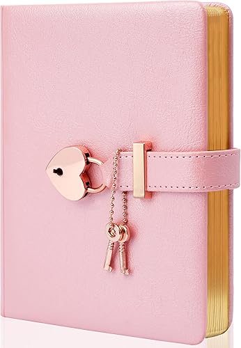 CAGIE - Diario con cerradura en forma de corazón con llave, adorable diario personal de cuero con cerradura para niñas, tamaño B6