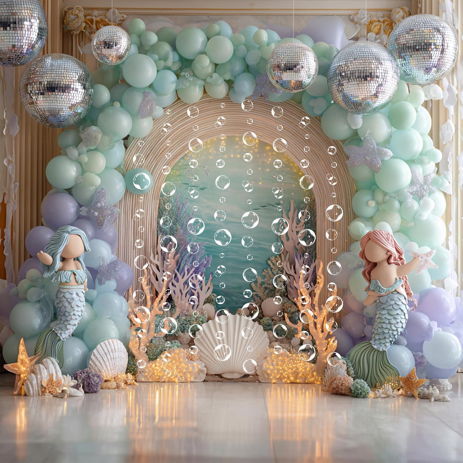 10 Strings Bubble Garlands, Transparent Hanging Streamers, Under the Sea Party Decorations, Mermaid Birthday Decor, Ocean Theme Underwater Backdrop Supplies