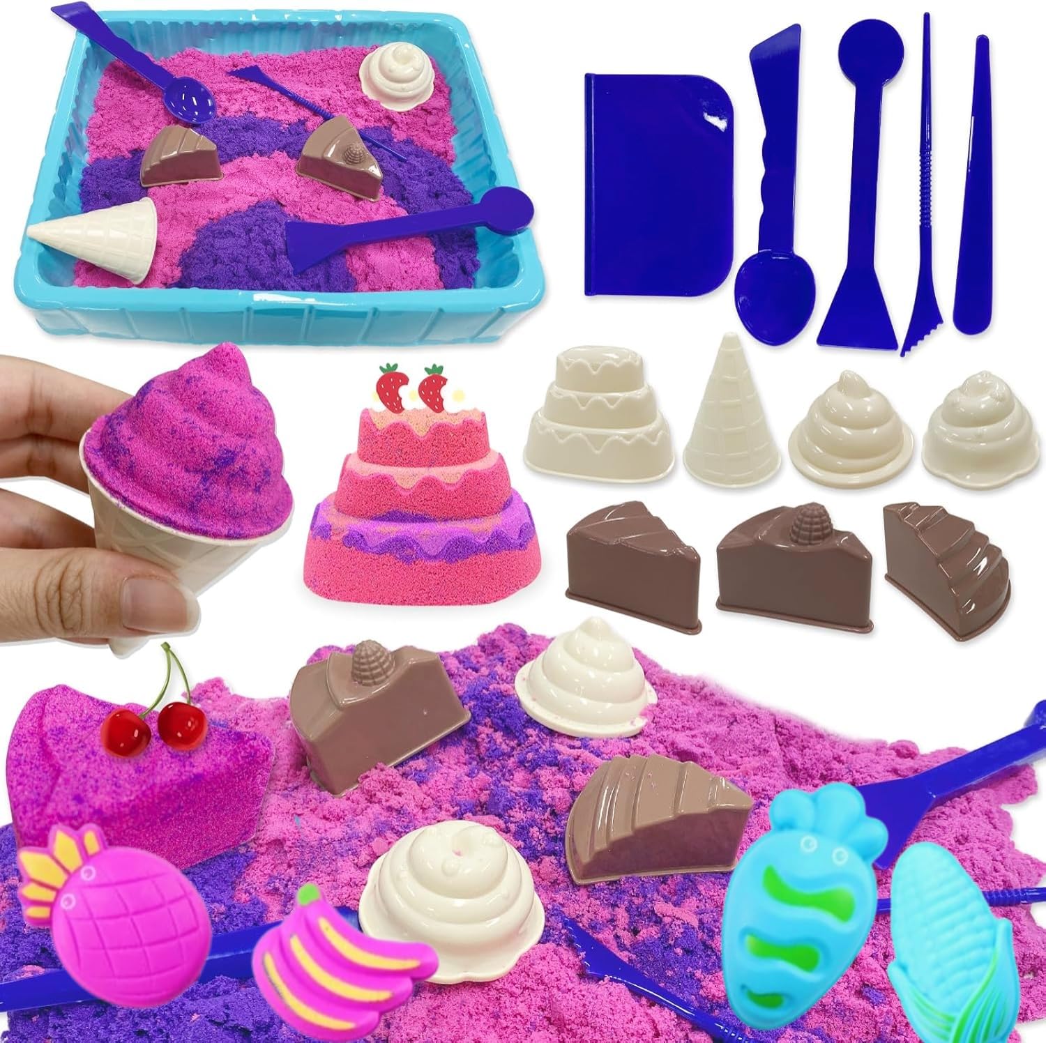 Abnaok Girls Kid Toy Play Sand Art Set with Magnetic Sand Molds and Tools,Ice Cream & Sweet Cakes Dessert Shop Pretend Play Sandbox Kit, Sensory Toys Gift for Kids Age 3-9