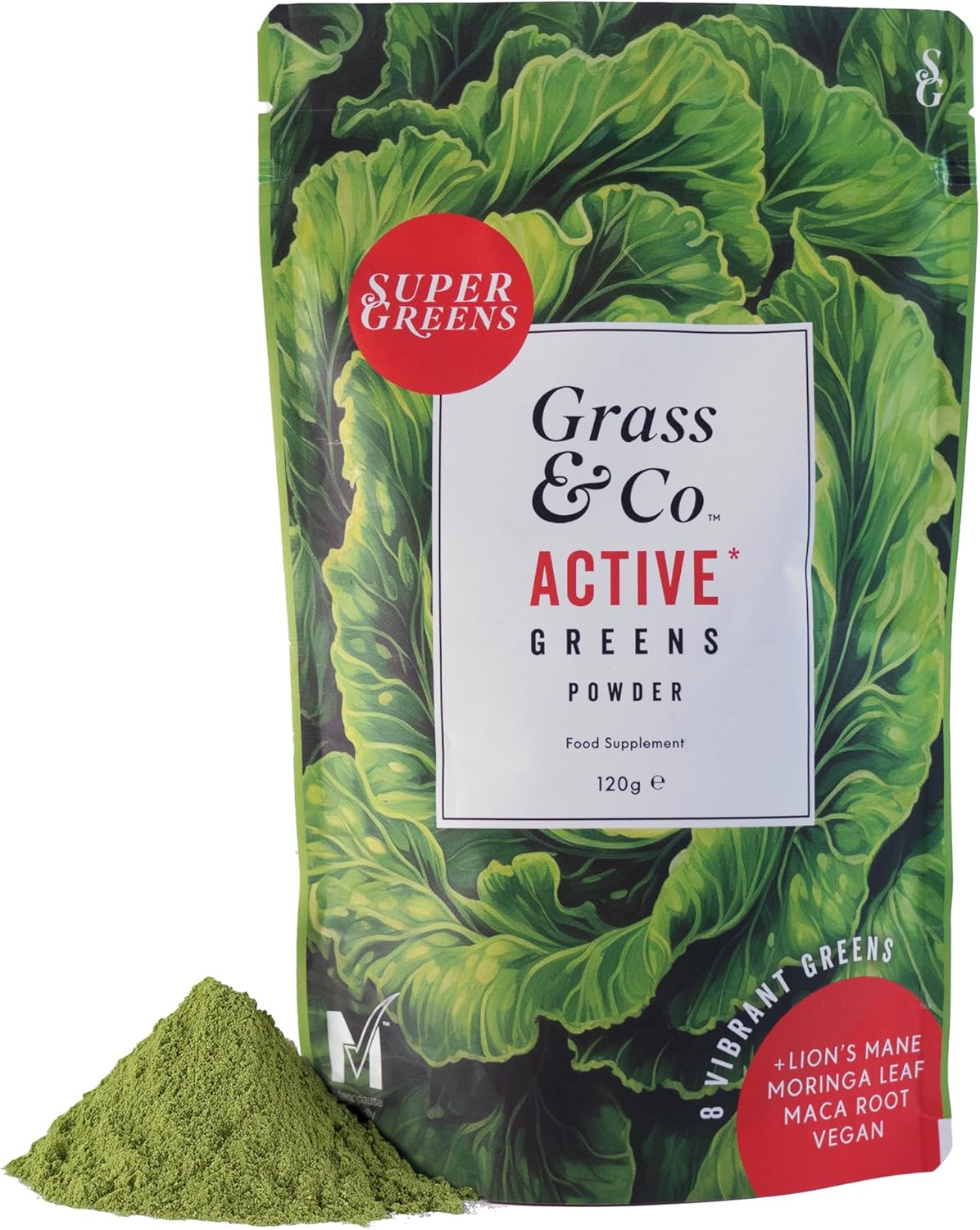 Grass & Co. Active Super Greens | Vegan Daily Greens Powder | 120g | Supports Energy, Digestion & Immunity | with Lion’s Mane, Moringa & Vitamins C, K2 & D3 | Apple & Ginger Flavour | 30 Day Supply