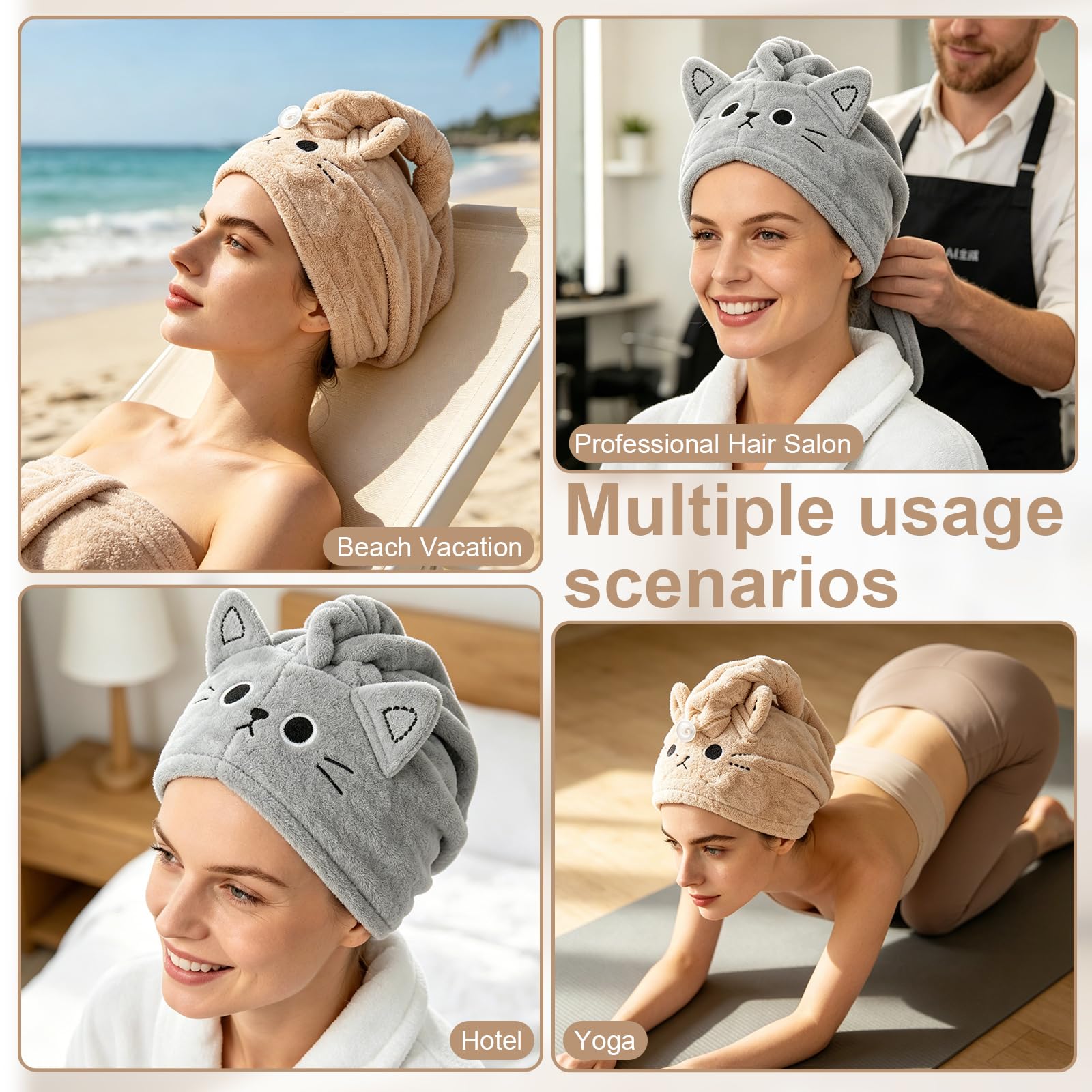 2 Pezzi Asciugamano per Capelli In Microfibra, Asciugamani da Doccia con BottoniCuffia per Capelli Secchi Super Assorbente,Asciugamani in Microfibra, Morbidi e confortevoli