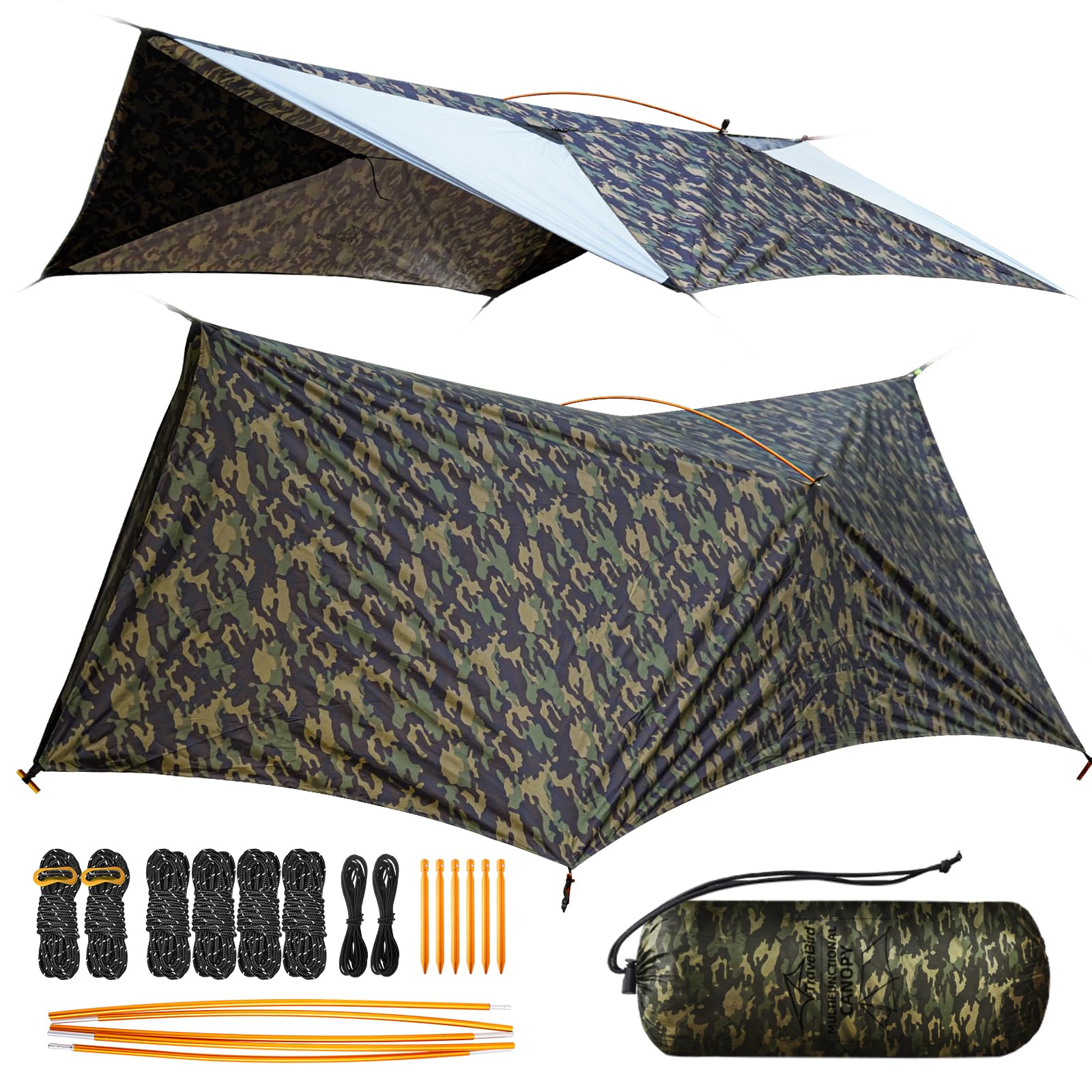 Travel Bird Ultralight Tarp, 14ft Hammock Tarp Rain Fly Lightweight Waterproof Camping Tent Tarp with Doors, Multifunctional Tarp for Backpacking Camping Hiking