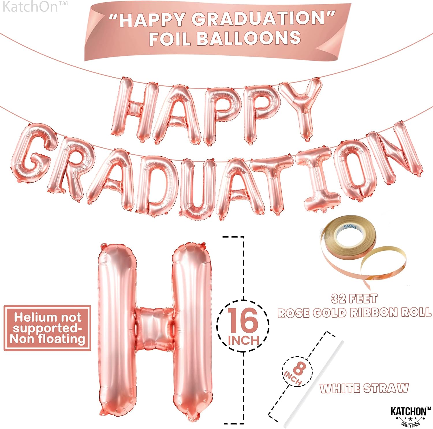 KatchOn, Rose Gold Happy Graduation Balloons - 16 Inch | Grad Foil Balloons For 2026 Graduation Decorations | Happy Grad Banner For Grad Party Decorations 2026